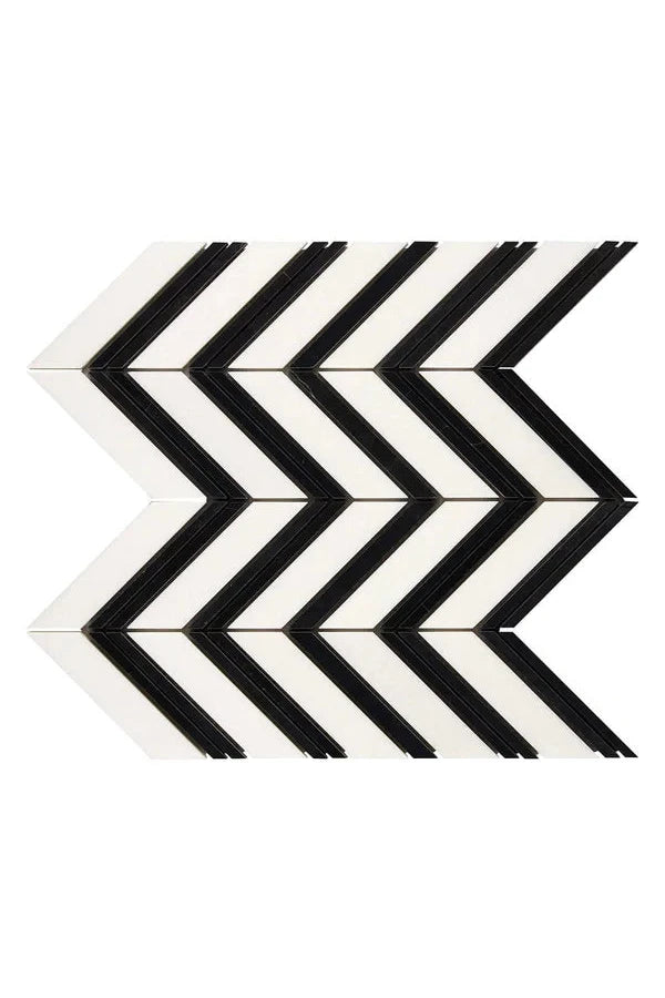 White Thassos Marble Chevron Black Mosaic Tile - Premium Natural Stone Wall & Floor Tile for Bathroom, Kitchen Backsplash, Shower, and Fireplace Decor