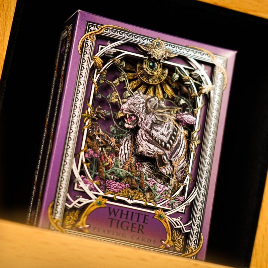 Premium White Tiger Gilded Playing Cards Set - Luxury Beech Wood Box - Perfect for Poker, Magic Tricks & Collectible Card Games