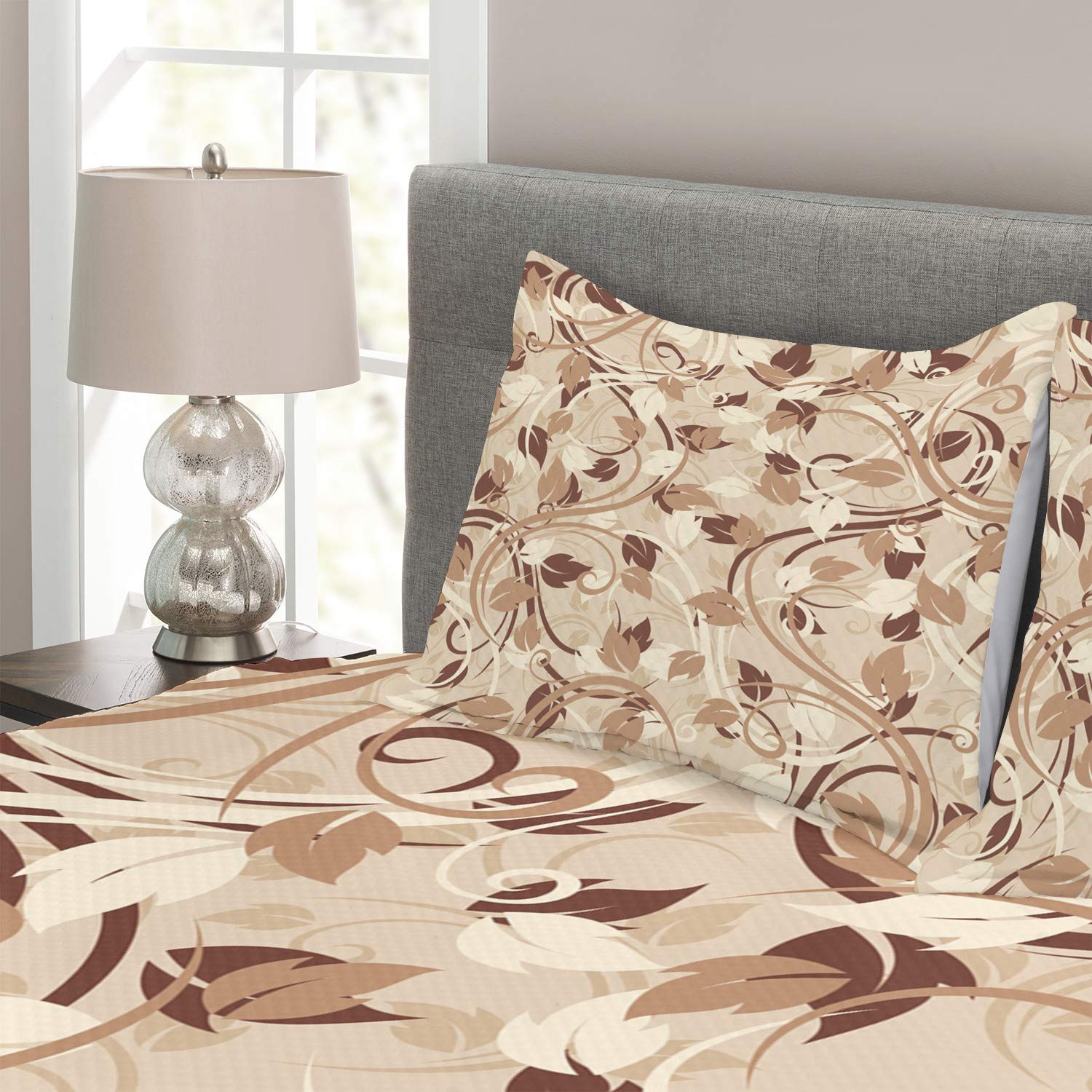 Ambesonne Ivory King Size 3-Piece Bedspread Set with 2 Pillow Shams - Autumn Leaves Pattern in Faded Earthen Tones, Cream Umber Cocoa Fall Themed Bedding | Perfect for Seasonal Home Decor, Cozy Bedroom Upgrade, and Romantic Atmosphere