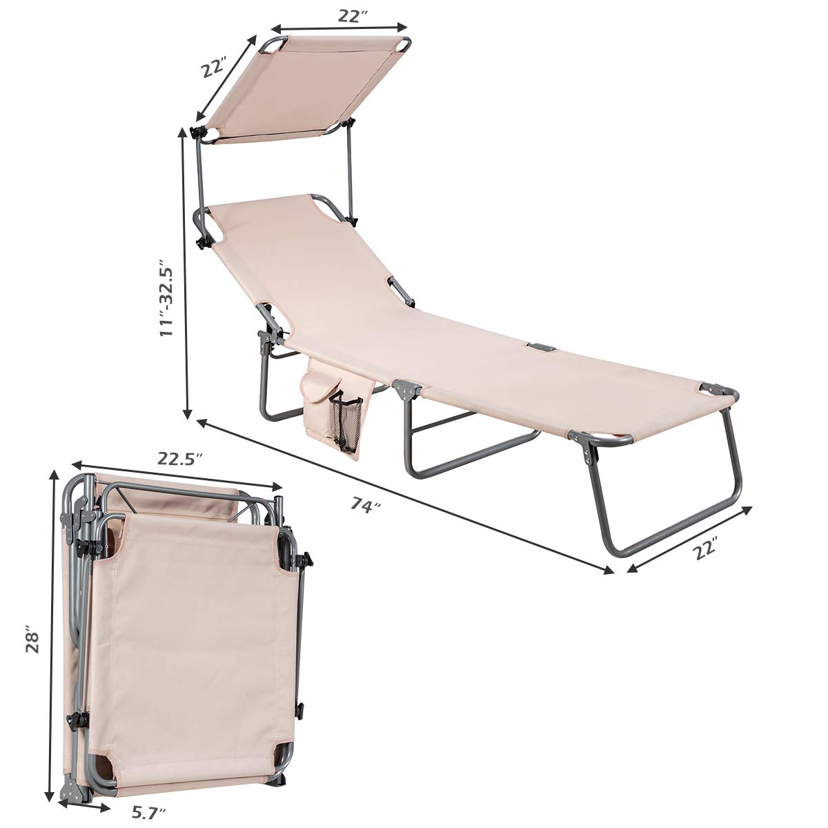 Giantex Adjustable Patio Chaise Lounge Chair with Canopy & Storage - 5-Position Reclining Tanning Chair for Poolside, Beach, Lawn, Camping & Outdoor Relaxation - Foldable Sunbathing Recliner (Beige)