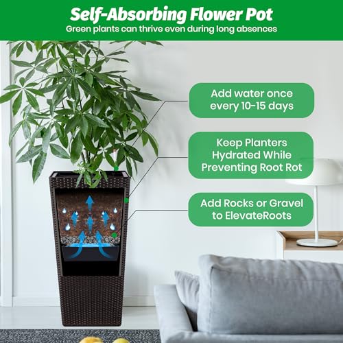 GARVEE 30 Inch Tall Rattan Planters Set of 2 - Indoor & Outdoor Planter Pots with Drainage Holes, Water Level Monitor & Inner Bucket - Automatic Watering Brown Flower Pots for Porch, Patio, Garden & Home Decor