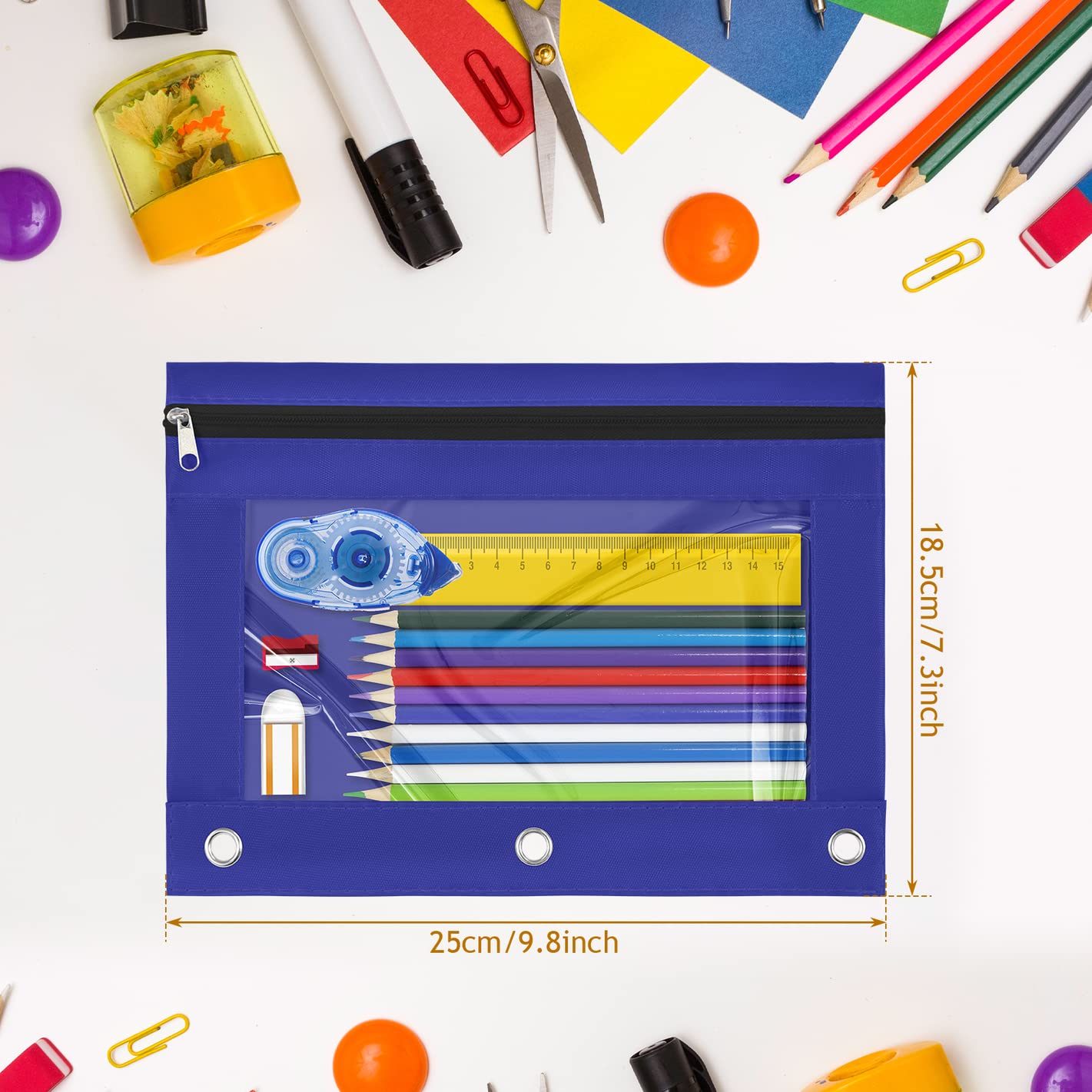 Yoeejob 3 Pack Blue Zippered Pencil Pouch for 3 Ring Binder - Clear Window Pen Holder Case for School, Office & College Organization (Perfect for Students, Teachers & Professionals)