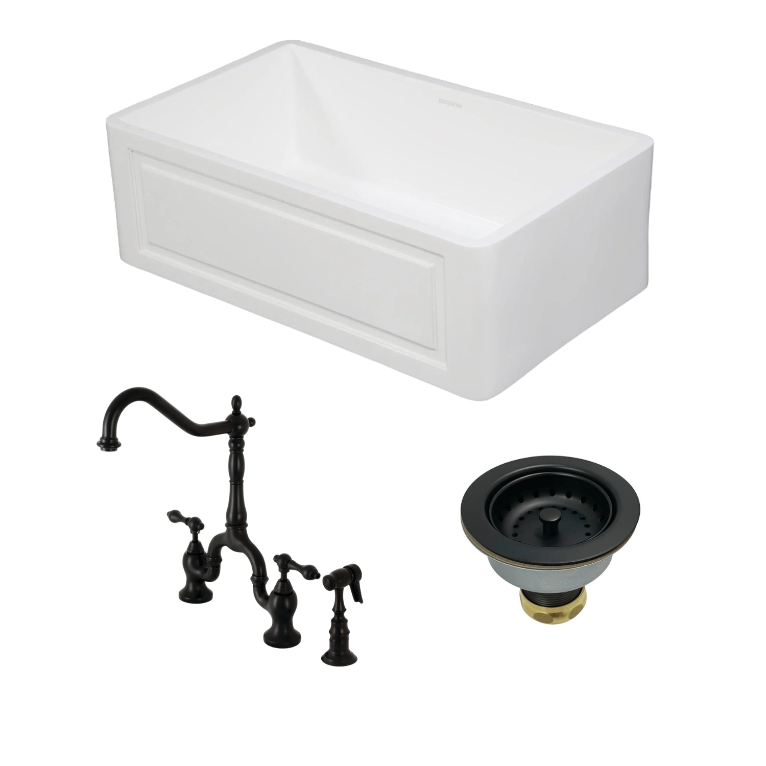 Arcticstone 30 Inch White Stone Single Bowl Farmhouse Kitchen Sink with Deck Mount Bridge Faucet, Side Sprayer & Basket Strainer - Matte Black Finish for Modern Farmhouse & Rustic Kitchen Designs