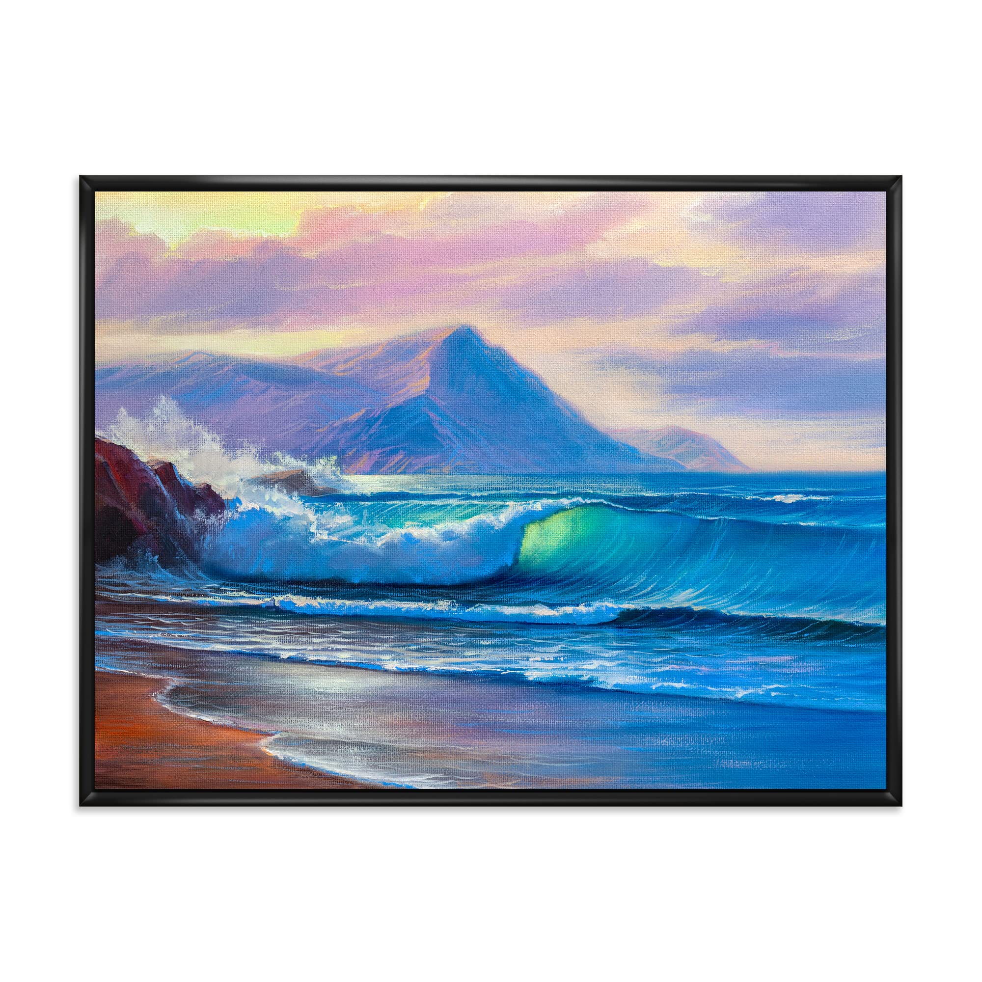 Blue Waves Breaking At The Beach Framed Canvas Wall Art - Coastal & Nautical Decor for Living Room, Bedroom, Office | DesignQ