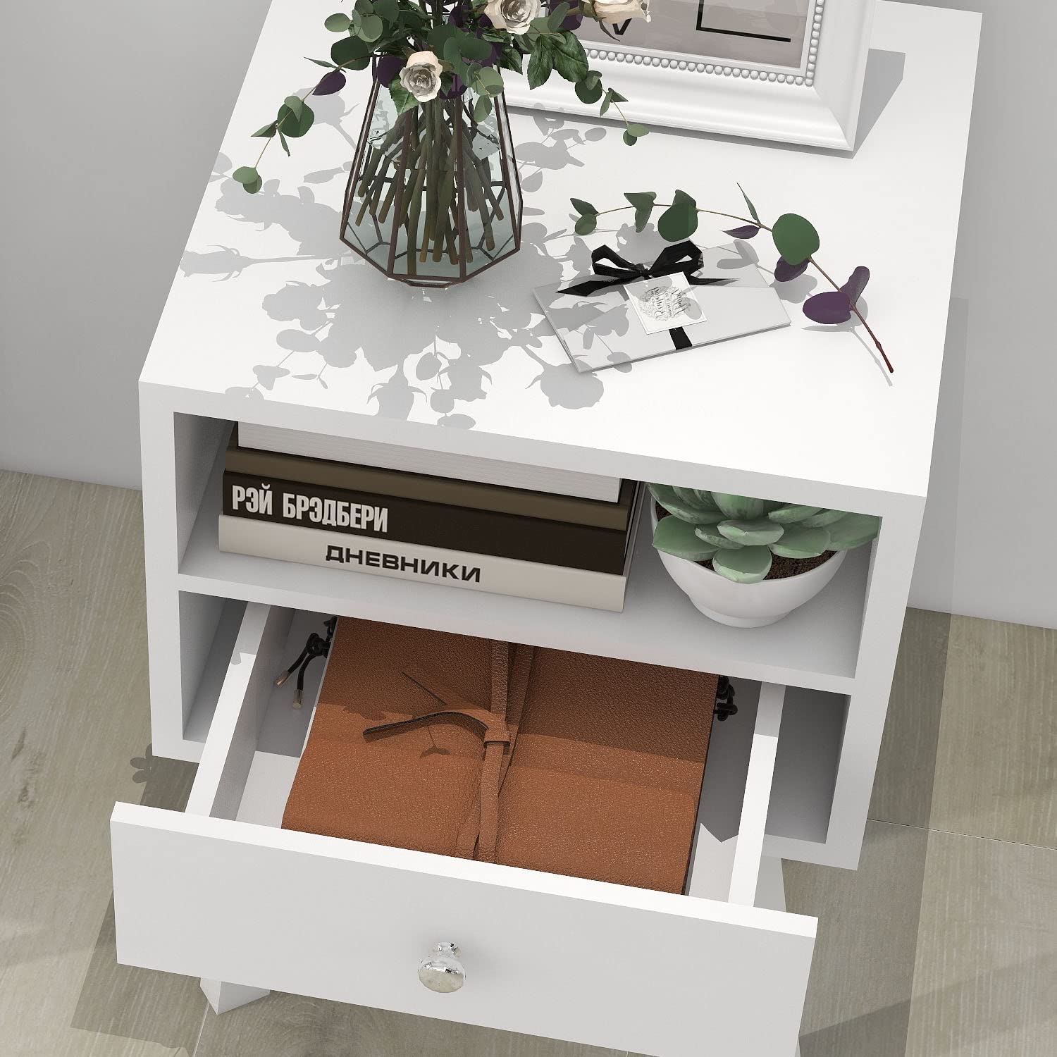 Modern Nightstand with Storage Drawer - Solid Wood Bedside Table for Bedroom & Dorm - Easy Assembly Pull-Out Drawer (Gloss White) - Perfect for Small Spaces, Apartment Living & Guest Rooms