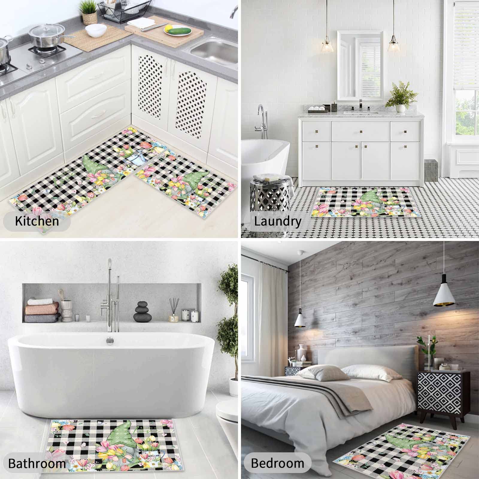Non-Slip Kitchen & Bathroom Rug Set of 2 - Spring Tulip Gnome & Honey Daisy Checkered Absorbent Floor Mats for Home, Indoor Use in Kitchen, Bath, Entryway