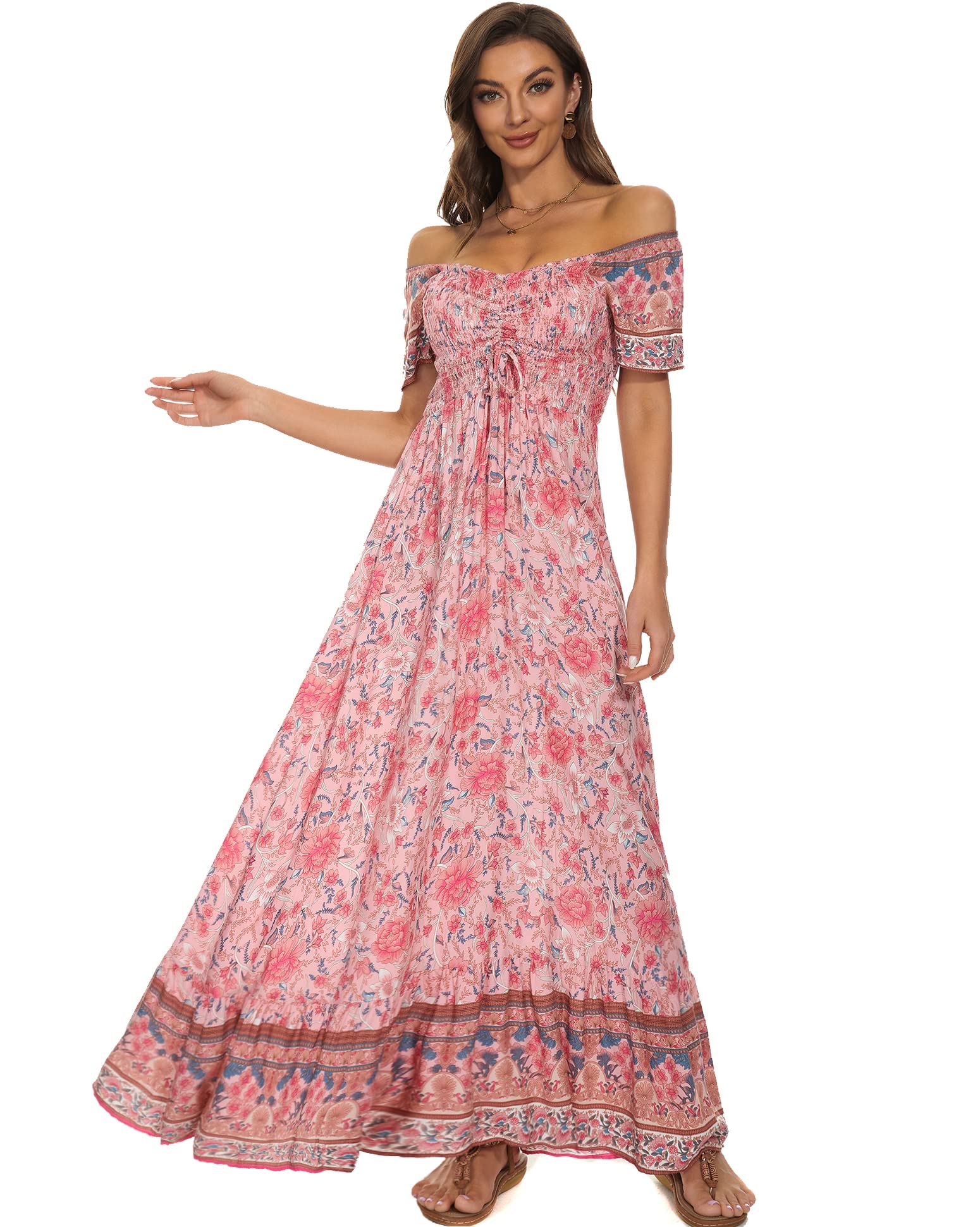 Women's Floral Maxi Dress - Summer Short Sleeve Boho Beach Dress for Casual Wear, Party & Vacation | Lightweight Flowy Long Dress for Beach Outings, Picnics & Date Nights