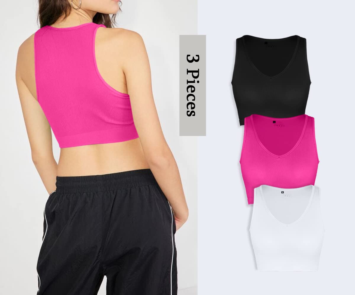 CHYRII Women's 3 Pack Summer V-Neck Racerback Workout Tops - Ribbed Basic Tank Crop Tops for Yoga, Gym & Casual Wear