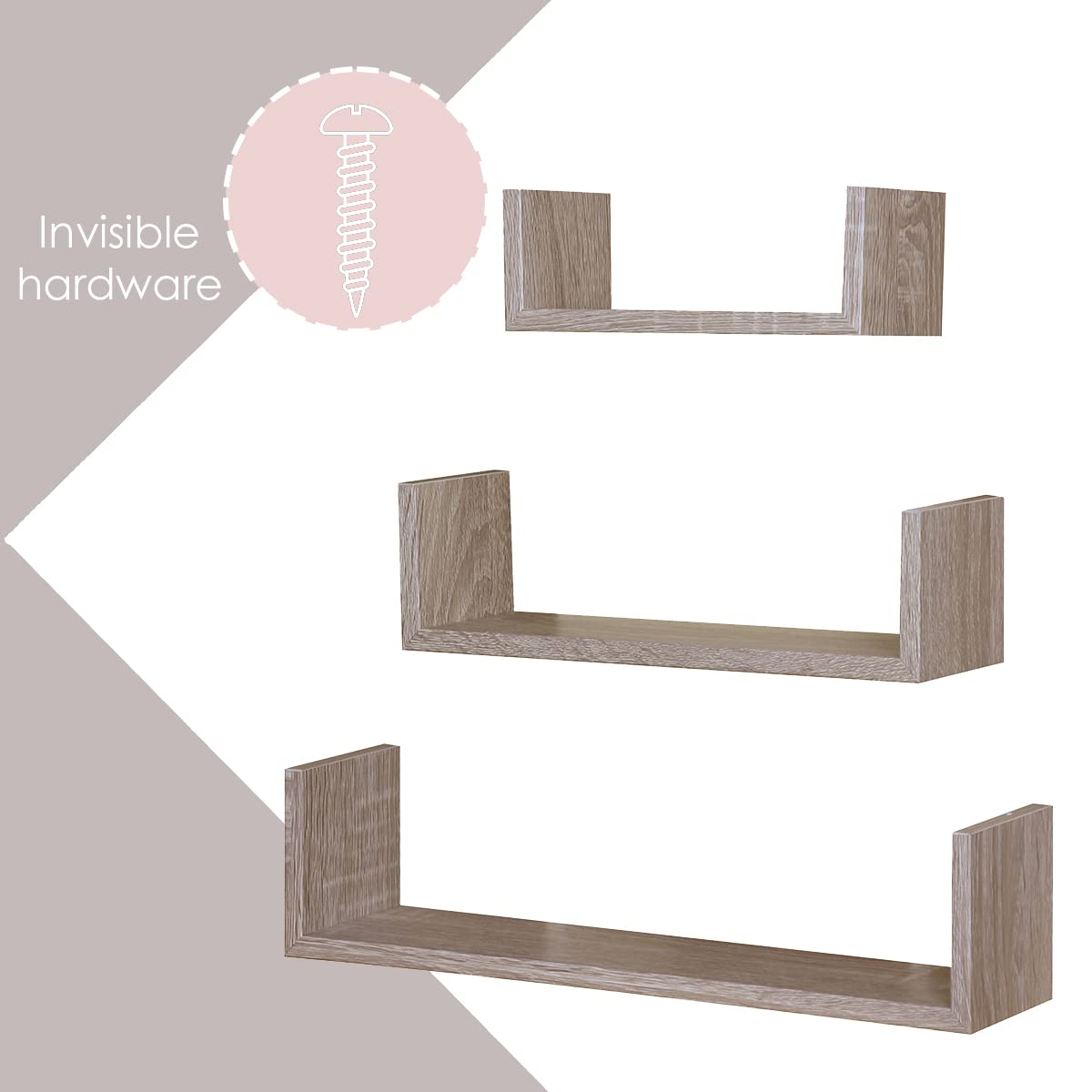 Durable Floating Wood Shelves Set of 3 - Solid Oak Wall Shelves for Living Room, Bedroom, Kitchen Storage & Decor
