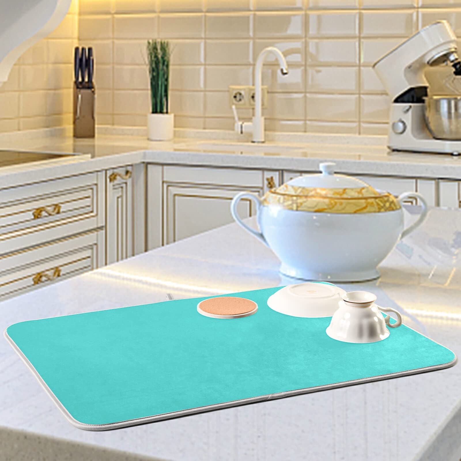 Large Turquoise Dish Drying Mat - 18x24 Inch XL Microfiber Kitchen Counter Mat, Heat Resistant Dish Drainer Pad for Sink - Perfect for Drying Dishes, Protecting Countertops & Adding Coastal Decor