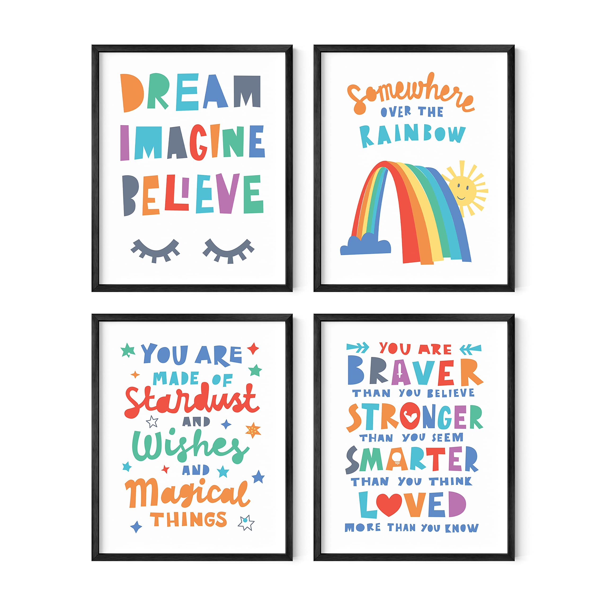 HAUS AND HUES Inspirational Wall Art for Kids - Set of 4 Motivational Quotes Posters for Playroom, Nursery & Bedroom Decor | 8x10 Inch Black Framed Rainbow Dream Prints - Perfect for Boosting Confidence & Creating Positive Learning Spaces