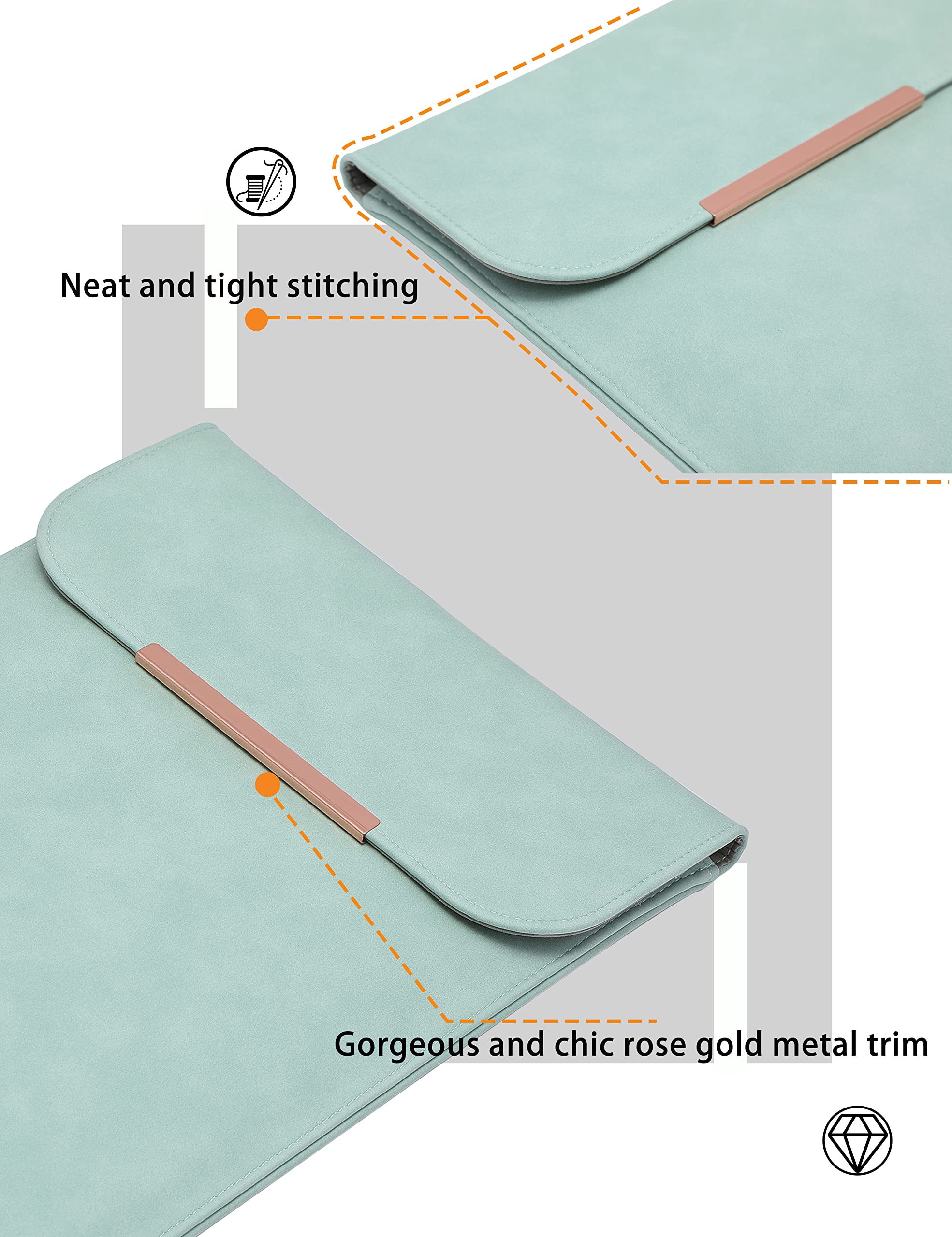 Premium 13-14 Inch Laptop Sleeve for MacBook Pro 14 M2/M1 & MacBook Air 13 - Faux Suede Leather Case with Rose Gold Metal Trim (Mint Green) - Perfect for Work, Travel & School Protection