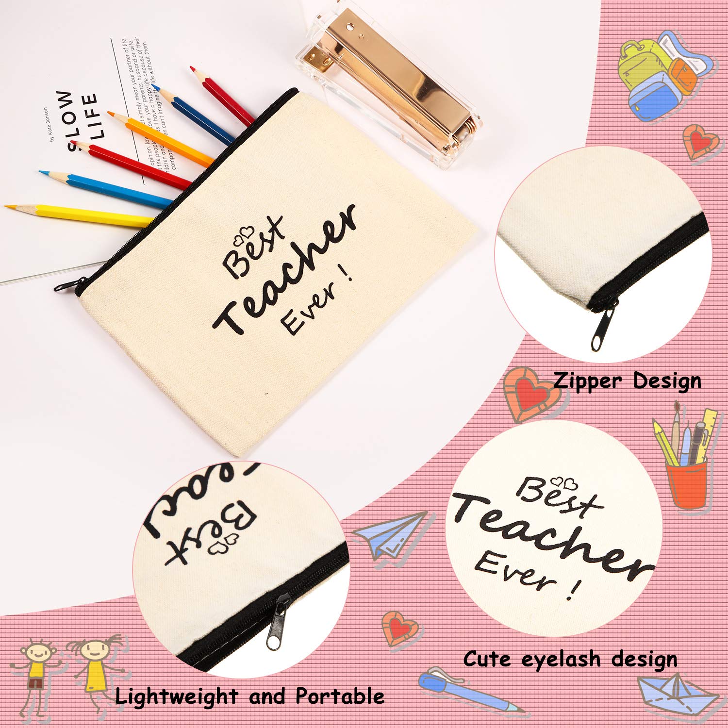 Frienda 12-Piece Teacher Makeup Pouch Set - Canvas Cosmetic Bags with Zipper, Travel Toiletry Cases for Women - Perfect Teacher Appreciation Gift (Heart Pattern) - Great for School, Travel & Daily Organization
