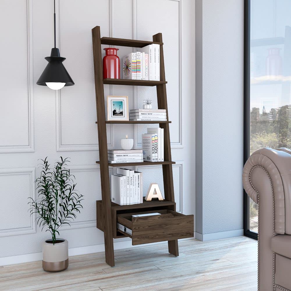 5-Tier Hamburg Ladder Bookcase with Open Shelves & Storage Drawer - Dark Walnut Finish for Living Room, Bedroom, or Home Office Organization