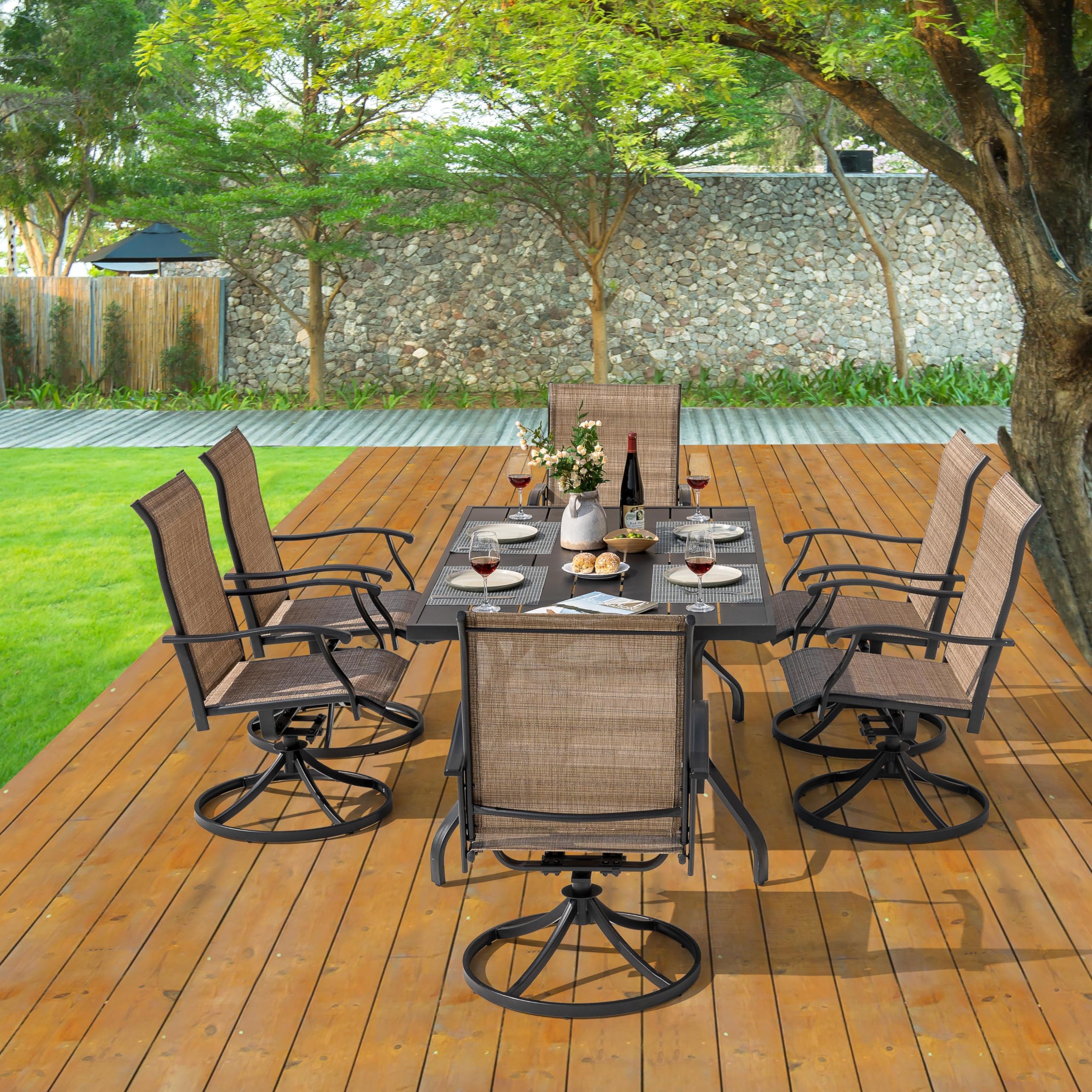 NUU GARDEN 7-Piece Outdoor Dining Set - Black & Brown Iron Patio Furniture with 6 Swivel Chairs & 1 Table (1.57