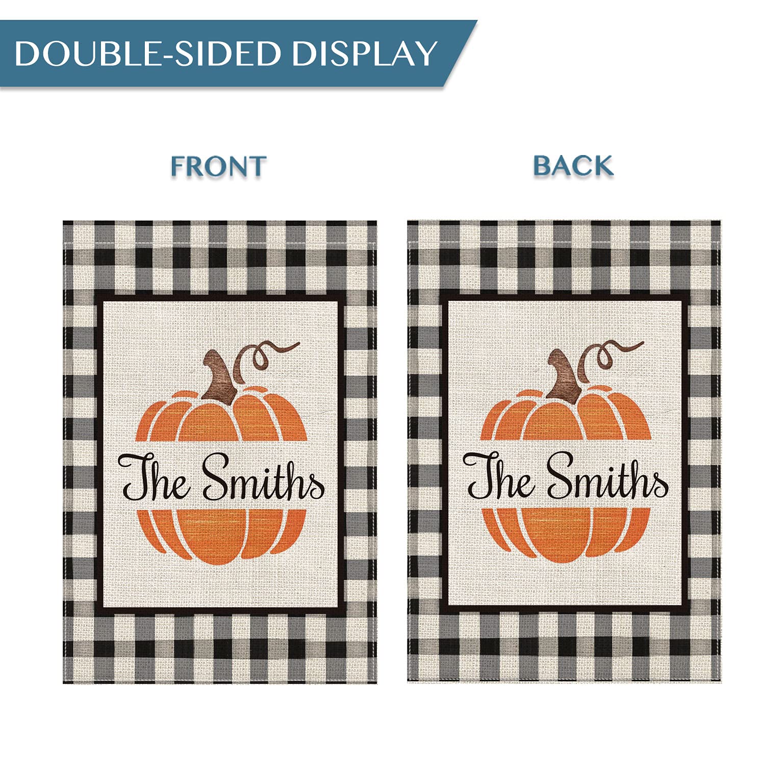 Custom Fall Pumpkin Garden Flag - Personalized Buffalo Plaid Family Name - Double Sided 12x18 Inch Rustic Farmhouse Decor for Yard, Porch & Outdoor Autumn Decoration
