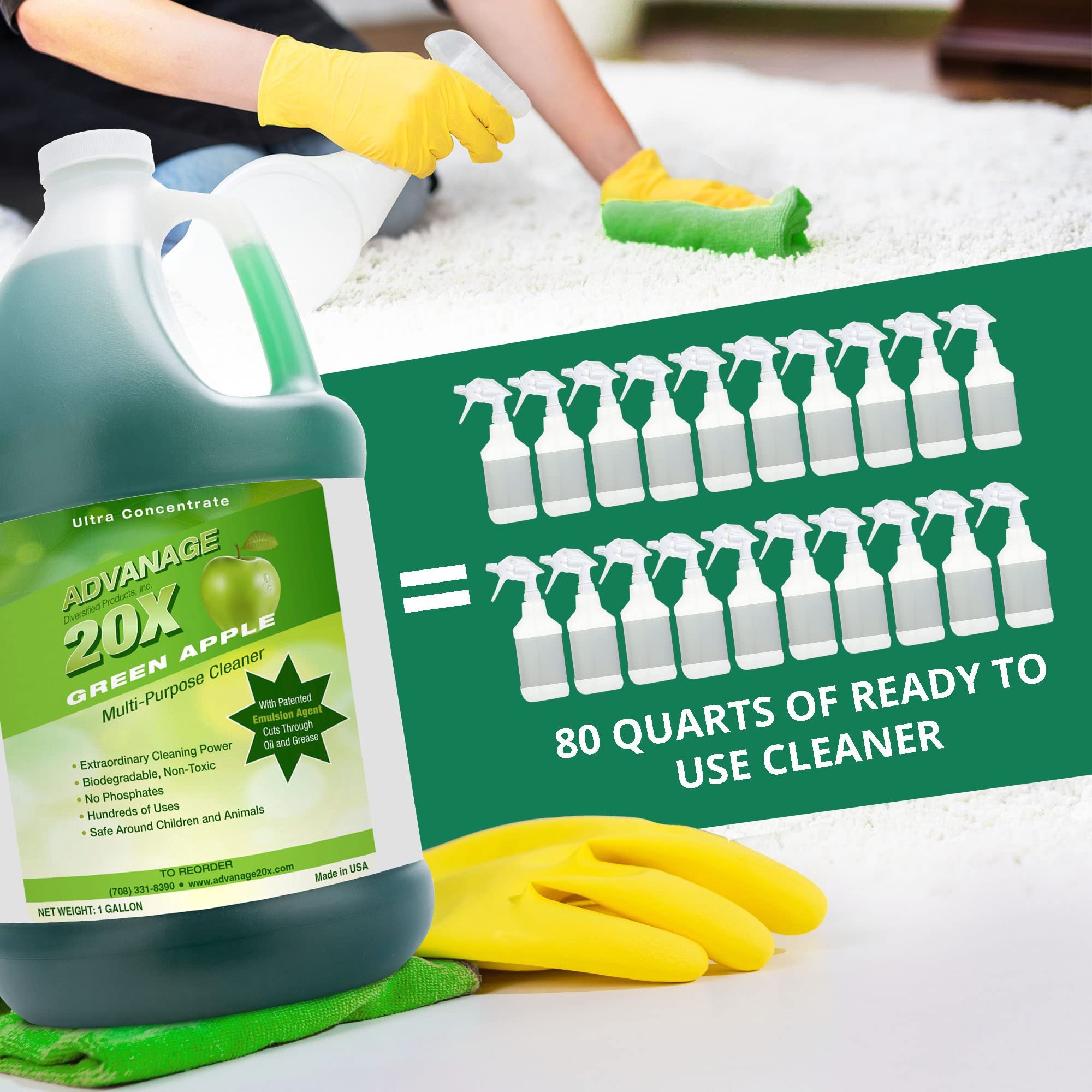 Advanage 20X All-Purpose Cleaner Concentrate - Green Apple Scent, Multi-Surface Household Cleaner for Kitchen, Bathroom & Floors | Removes Oil, Grease & Stains | 128oz Eco-Friendly Cleaning Solution for Home & Office Use