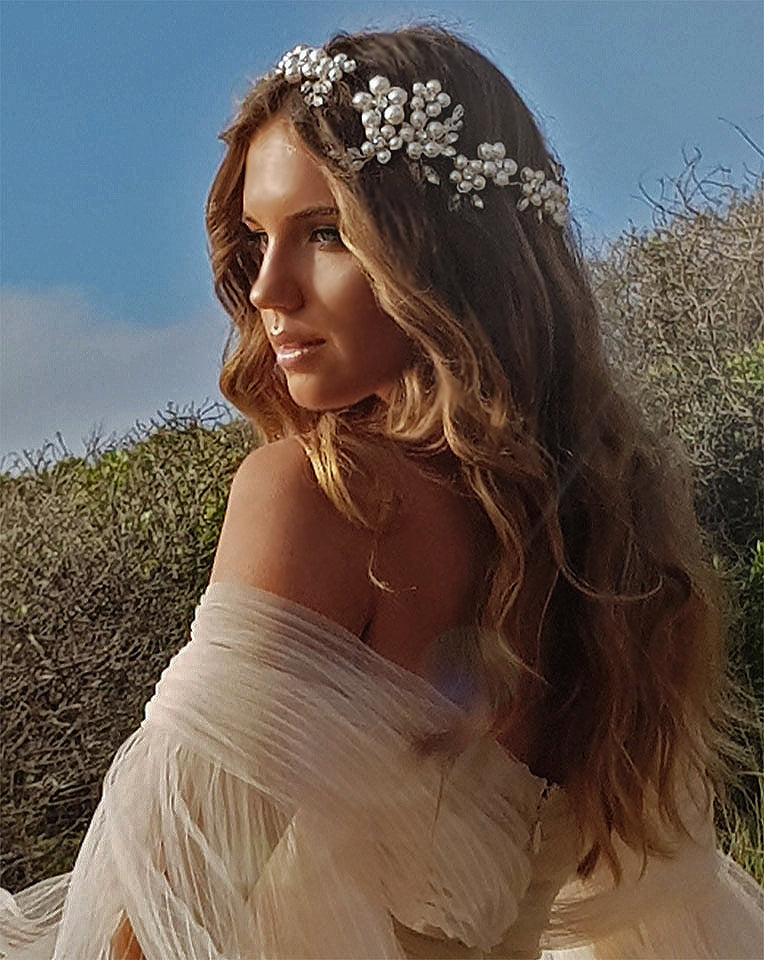Elegant Bridal Headpiece with Dramatic Pearl Clustered Floral Vine Band - Milan by Kezani | Perfect for Weddings, Bridal Showers & Boho Bridal Looks | Buy or Hire Online