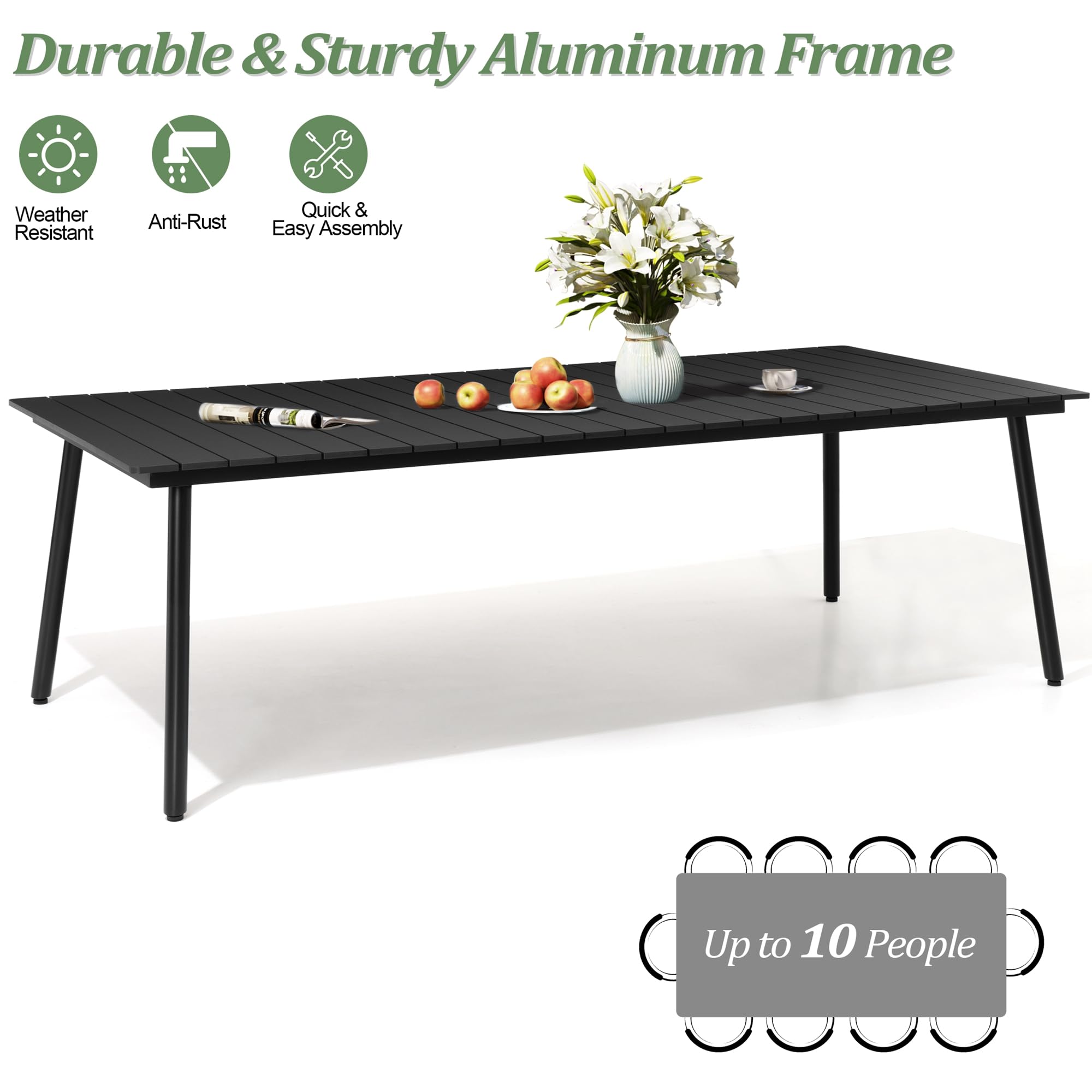 94.5 Inch Outdoor Dining Table - Weather-Resistant Patio Table with Wooden-Like Top & Aluminum Frame, Rectangle Outdoor Furniture with Umbrella Hole (Black) - Perfect for Backyard BBQs, Poolside Gatherings & Garden Parties