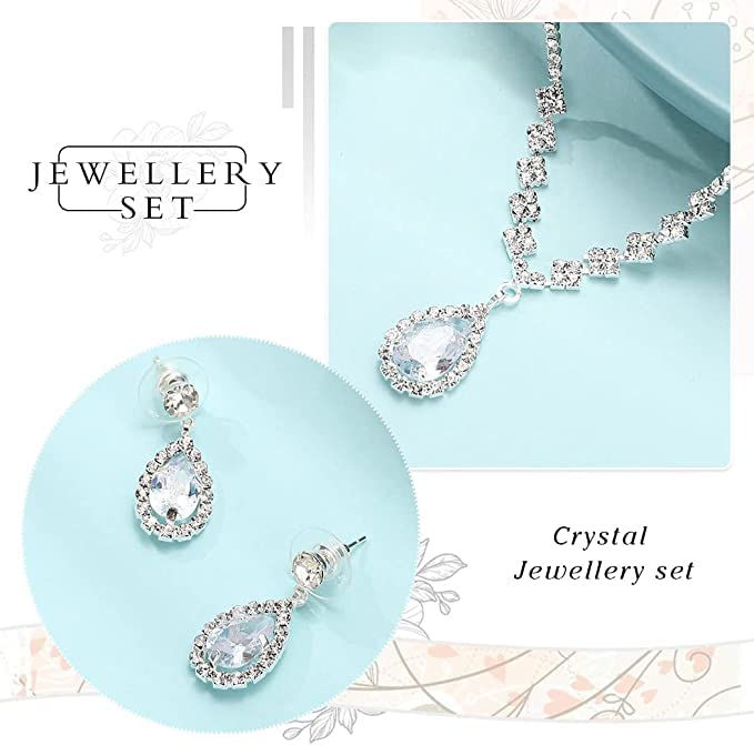 BSLVWG Silver Rhinestone Bridal Jewelry Set - Sparkling Crystal Dangle Drop Necklace & Earrings for Women | Perfect for Weddings, Prom, Anniversary Gifts & Special Occasions