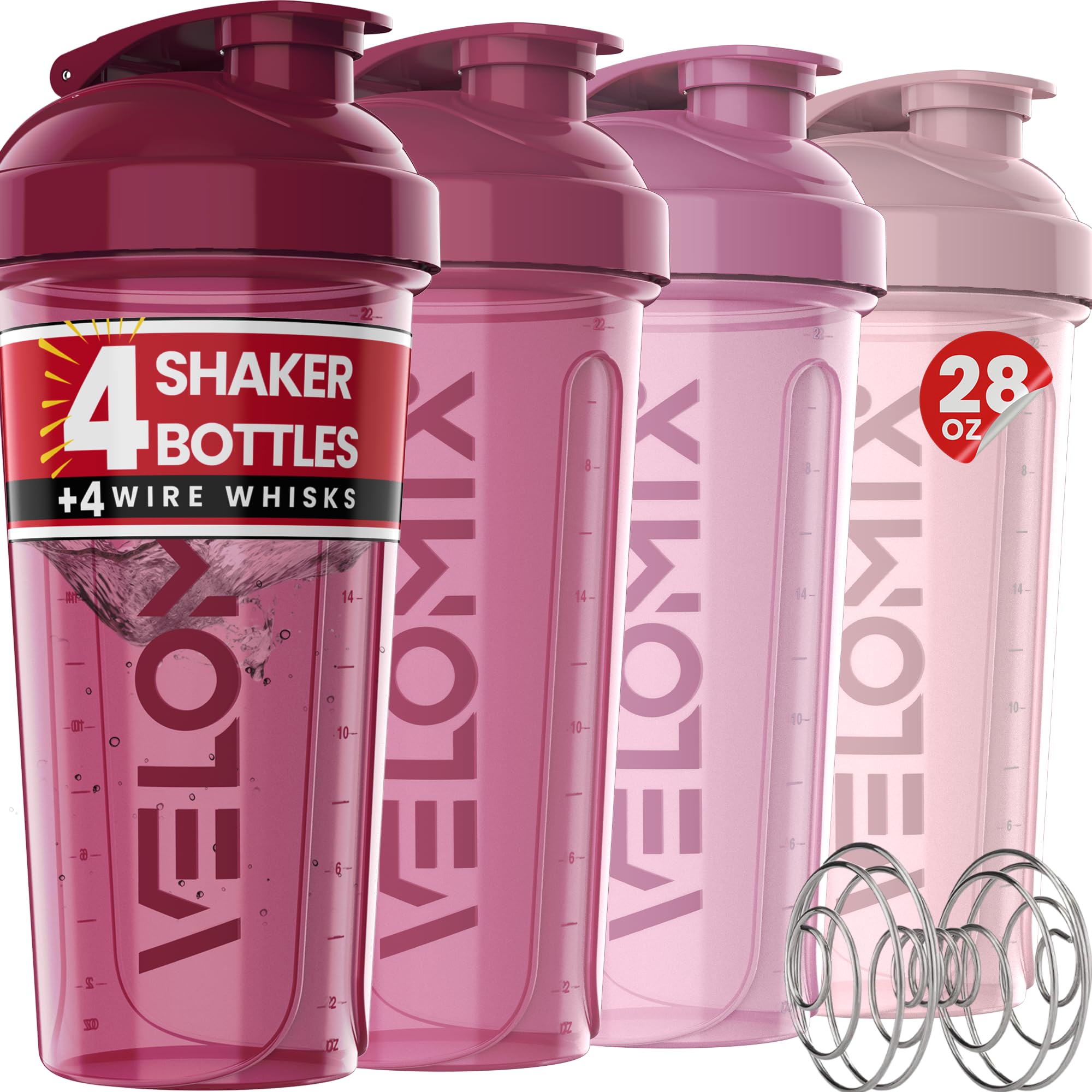 4-Pack 28oz Protein Shaker Bottles with Wire Whisk - Leakproof Gym Water Bottles for Protein Powder & Pre-Workout - Perfect for Bodybuilding, Fitness & Post-Workout Recovery (Burgundy Frost)