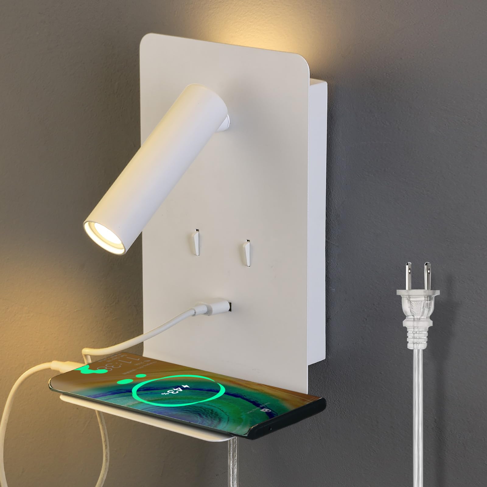 ZEROUNO Plug in Wall Light - LED Bedside Sconce with USB Port & Switch, 3000K Warm White, Wall Mounted Reading Lamp for Bedroom, Living Room, Dorm, Nursery (Easy Installation, Energy Efficient)
