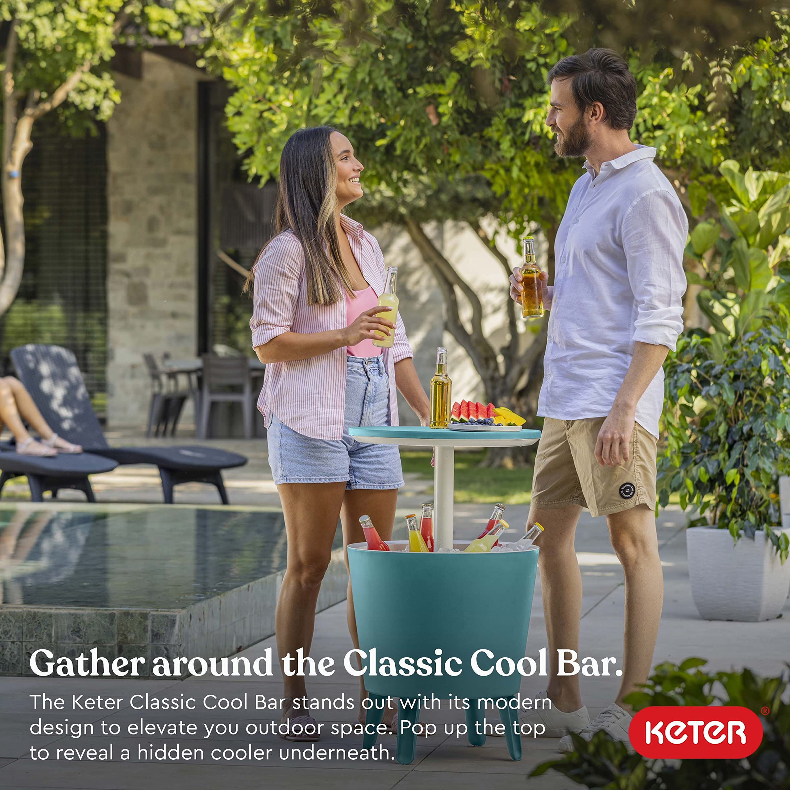 Keter Modern Cool Bar - Outdoor Patio Furniture with 7.5 Gallon Beverage Cooler, Hot Tub Side Table in Teal - Perfect for Backyard BBQs, Pool Parties & Outdoor Entertaining