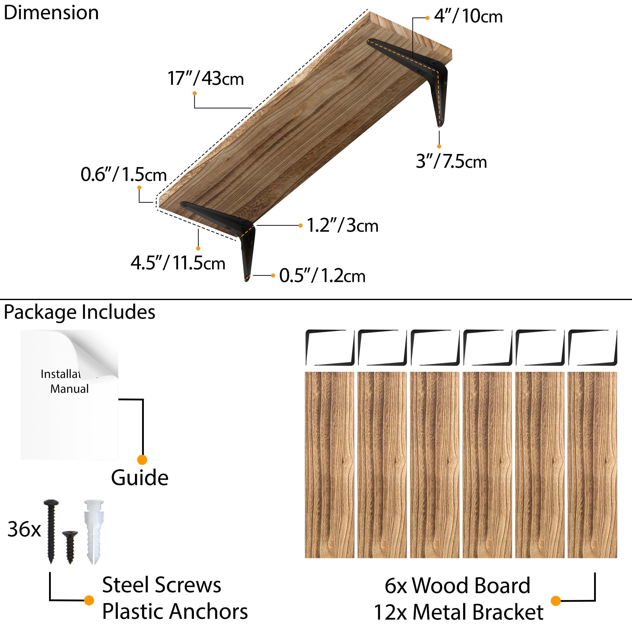 Wallniture Arras Floating Shelves Set of 6 - Rustic Wood Wall Shelves for Bedroom, Living Room & Office Decor - Perfect for Displaying Books, Photos & Decorative Items