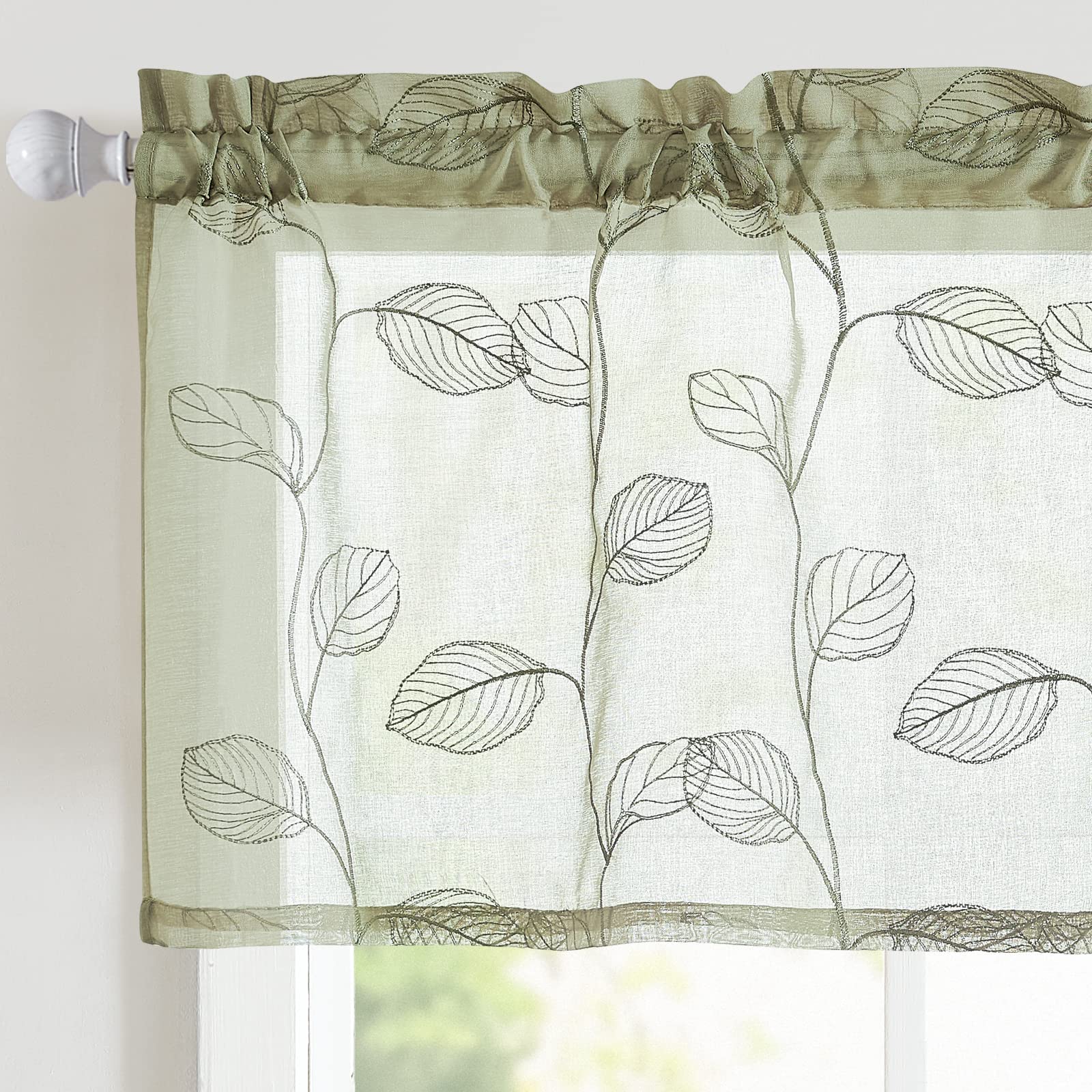 Sage Green Sheer Leaf Embroidered Voile Kitchen Valance - Farmhouse Style Window Curtain with 18 Inch Rod Pocket, Semi-Sheer Design for Kitchen, Living Room & Bedroom Decor