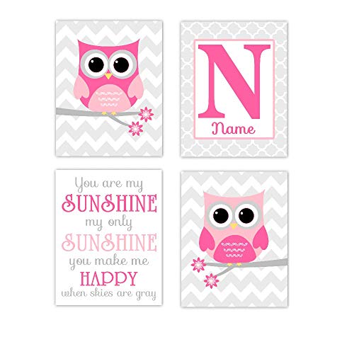 Personalized Baby Girl Nursery Wall Art - Pink & Gray Owl 