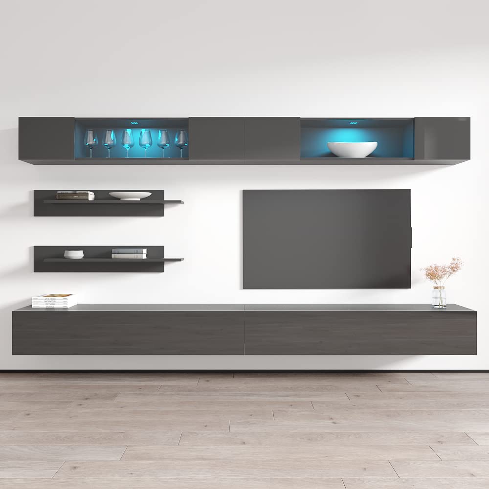 Modern Floating TV Stand with Storage & LED Lights - Wall-Mounted Entertainment Center for Bedroom & Living Room - Space-Saving TV Console with Shelves - Gray - Perfect for Small Spaces & Home Theater Setup