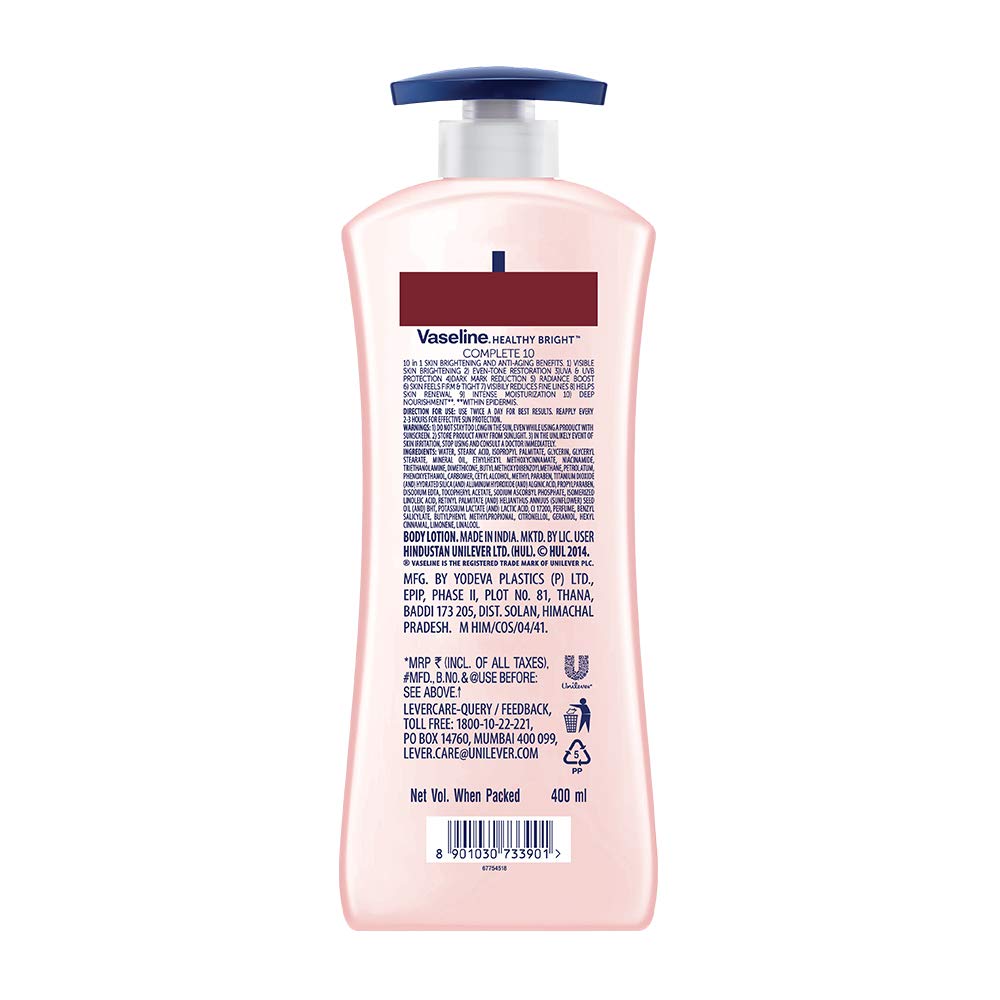 Vaseline Healthy Bright Complete 10 Body Lotion with Vitamin B3, AHA & Pro-Retinol - Anti-Aging Moisturizer for Brighter Skin - 400ml | Perfect for Daily Hydration & Nighttime Skin Repair