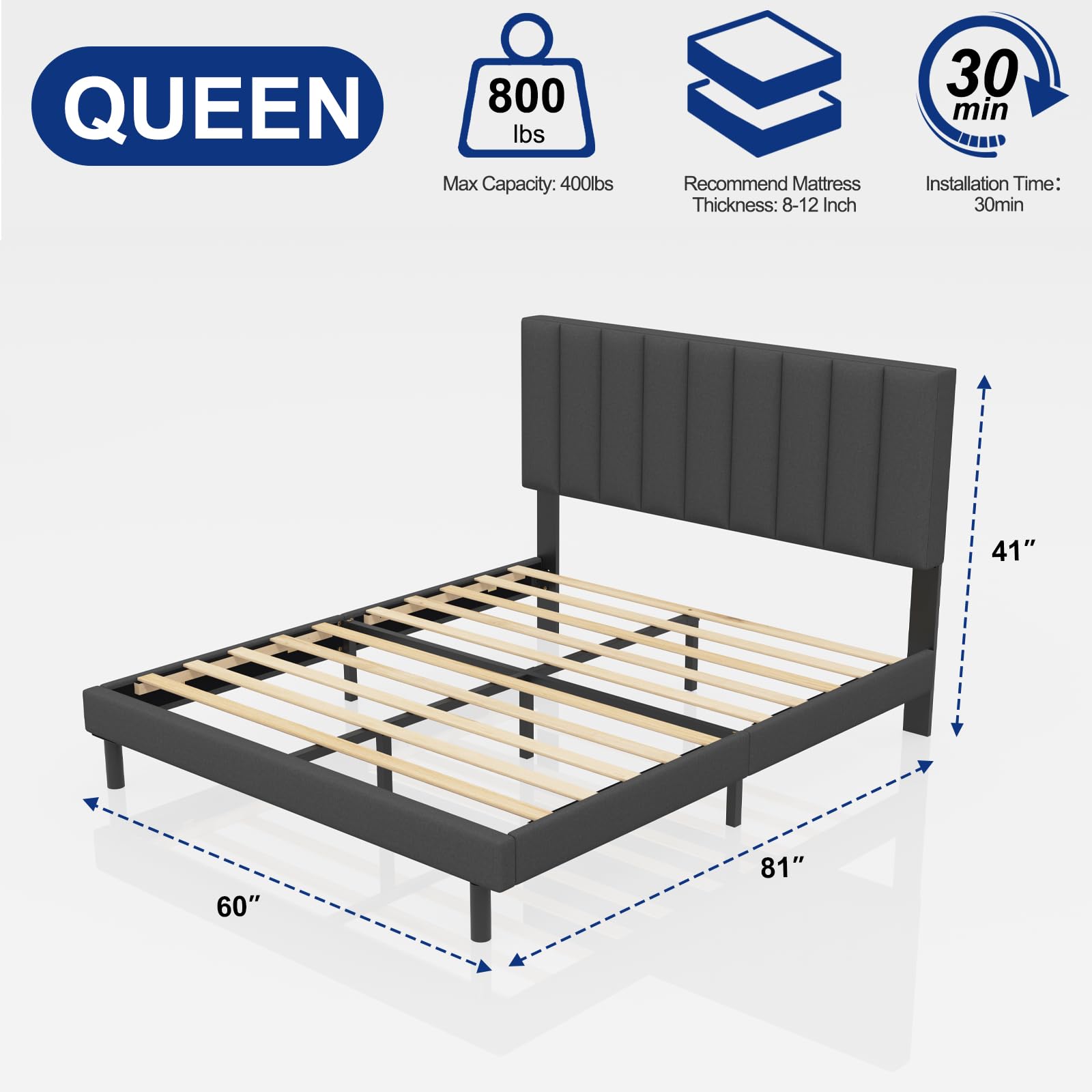Lukace Queen Bed Frame with Upholstered Headboard - Sturdy Wood Platform Bed, No Box Spring Needed, Easy Assembly, Non-Slip & Noise-Free - Perfect for Modern Bedrooms, Guest Rooms & Small Spaces (Queen Size, Gray)