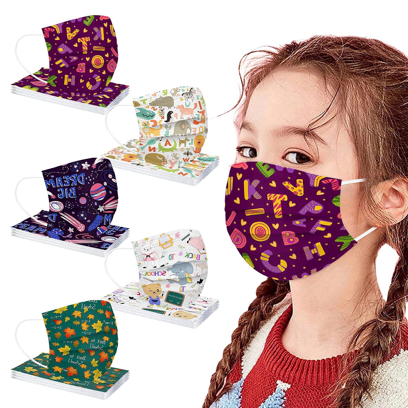 50Pcs Kids Disposable Face Masks - Colorful Assorted Cute Maple Print 3-Ply Children's Face Covering with Nose Wire & Elastic Earloop for Boys and Girls - Perfect for School, Christmas, and Daily Protection