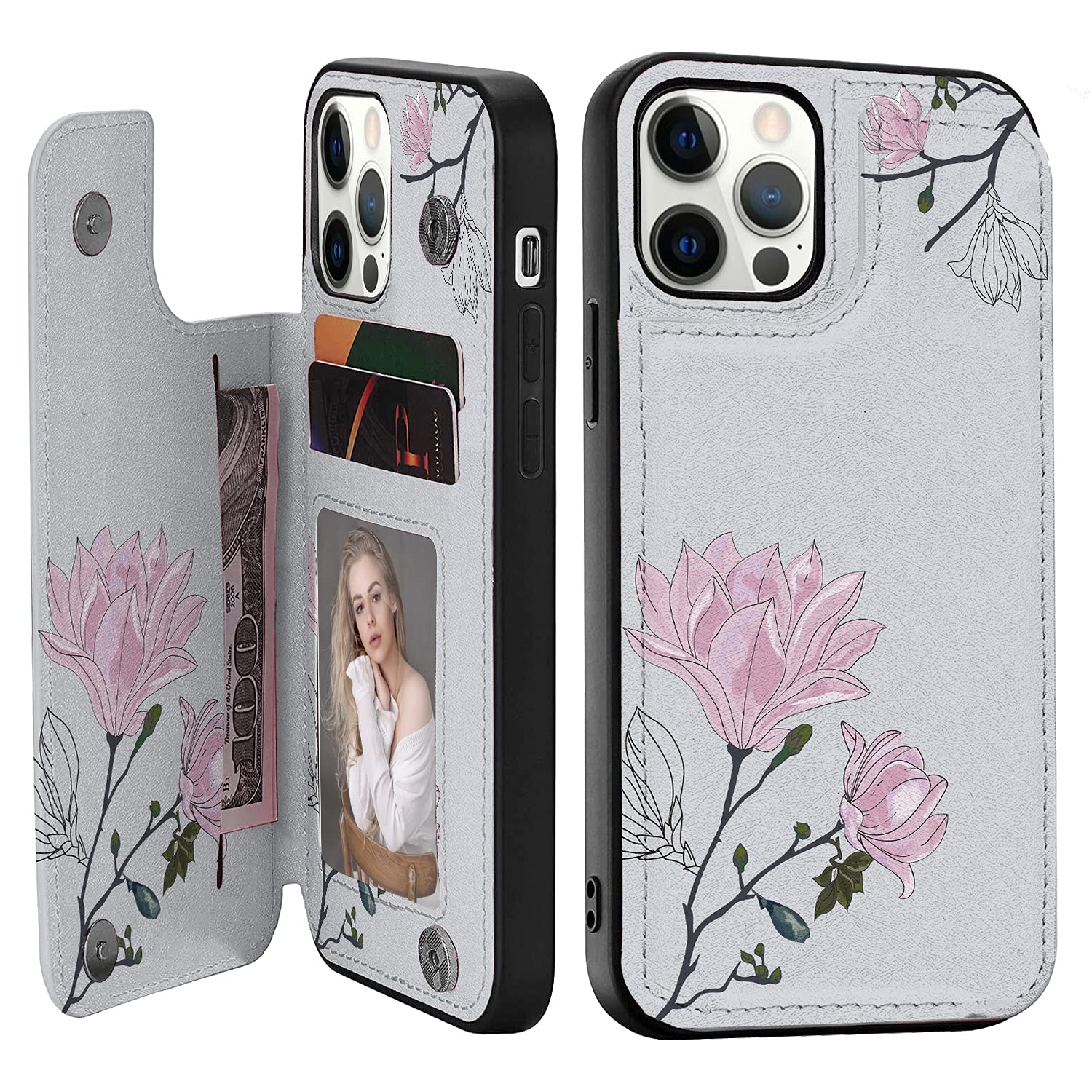 FLYEE Durable Flip Wallet Case for iPhone 13 Pro Max (6.7 Inch) - Cute Floral Design Card Holder with RFID Protection | Women's Fashion Phone Cover | Perfect for Everyday Use, Travel & Gift Giving (Silver Pink Flower)