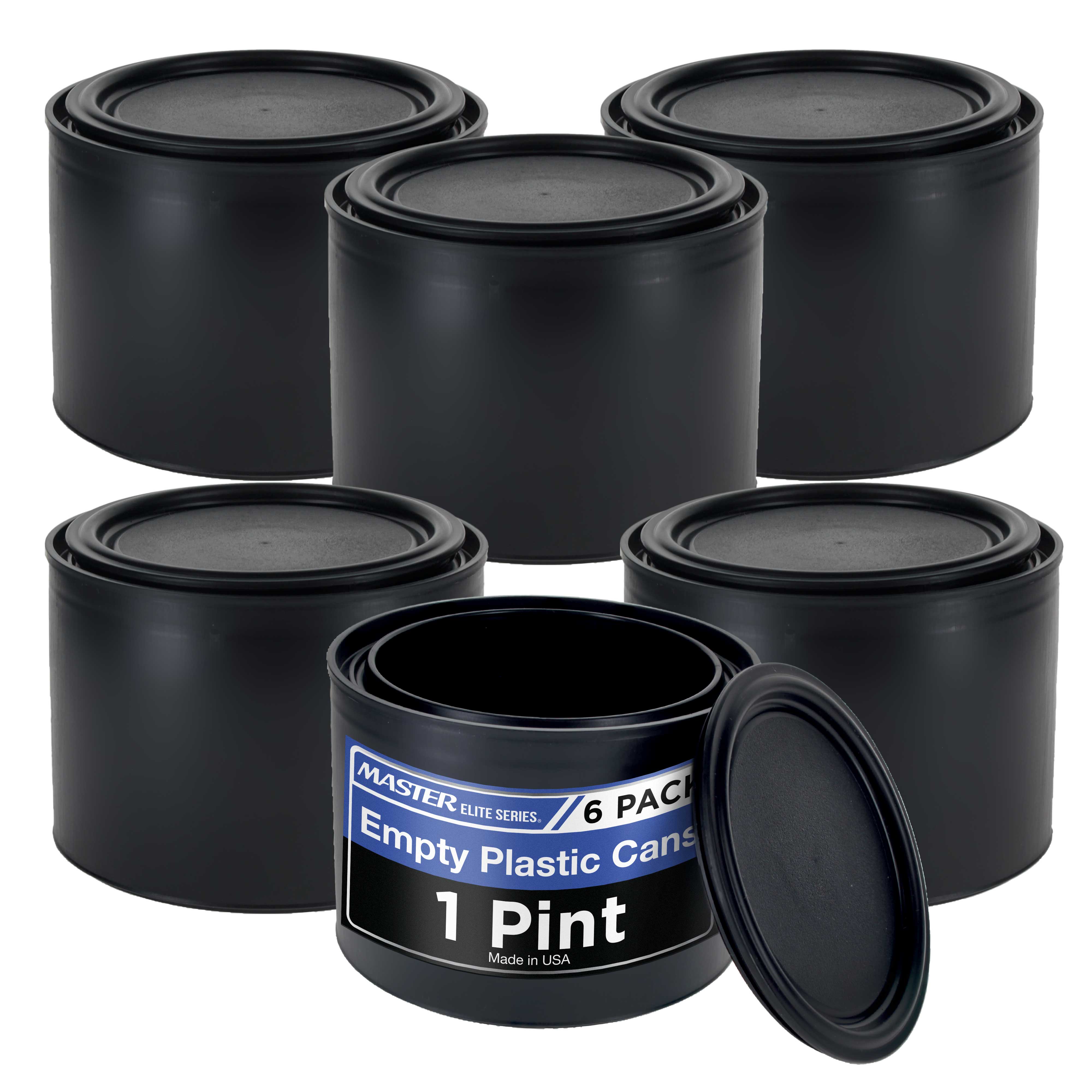 Master Elite 1 Pint (32 oz) Empty Plastic Paint Can Bucket with Triple Lock Airtight Lid - Pack of 6 - All Plastic Coating Storage Pail with Handle - Perfect for Paint Storage, DIY Projects & Home Organization