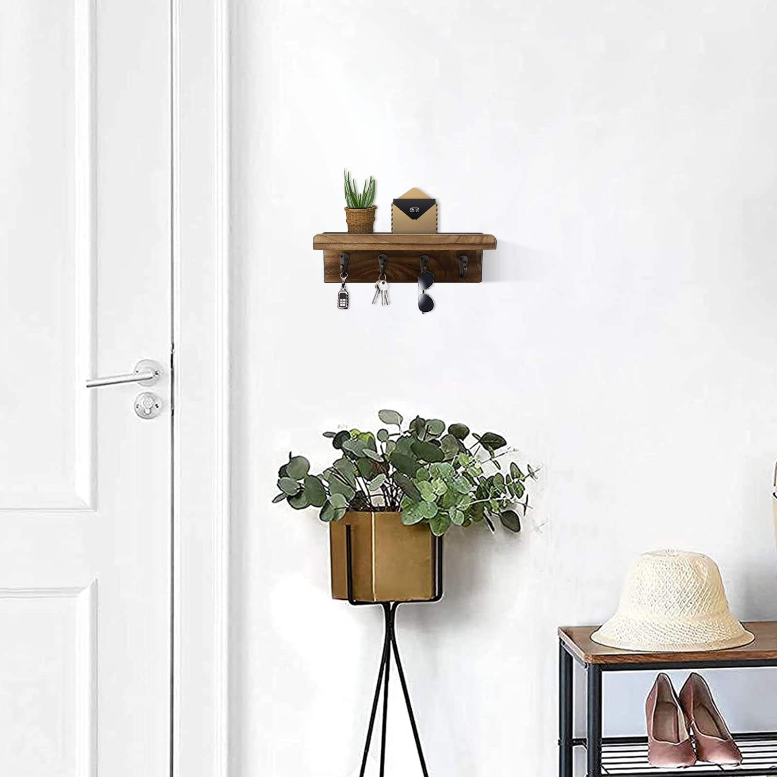 Rustic Wooden Wall Key Holder with 4 Hooks - Farmhouse Style Entryway Organizer for Keys, Mail & Small Items - Perfect for Home, Office or Apartment Entryway (Brown)