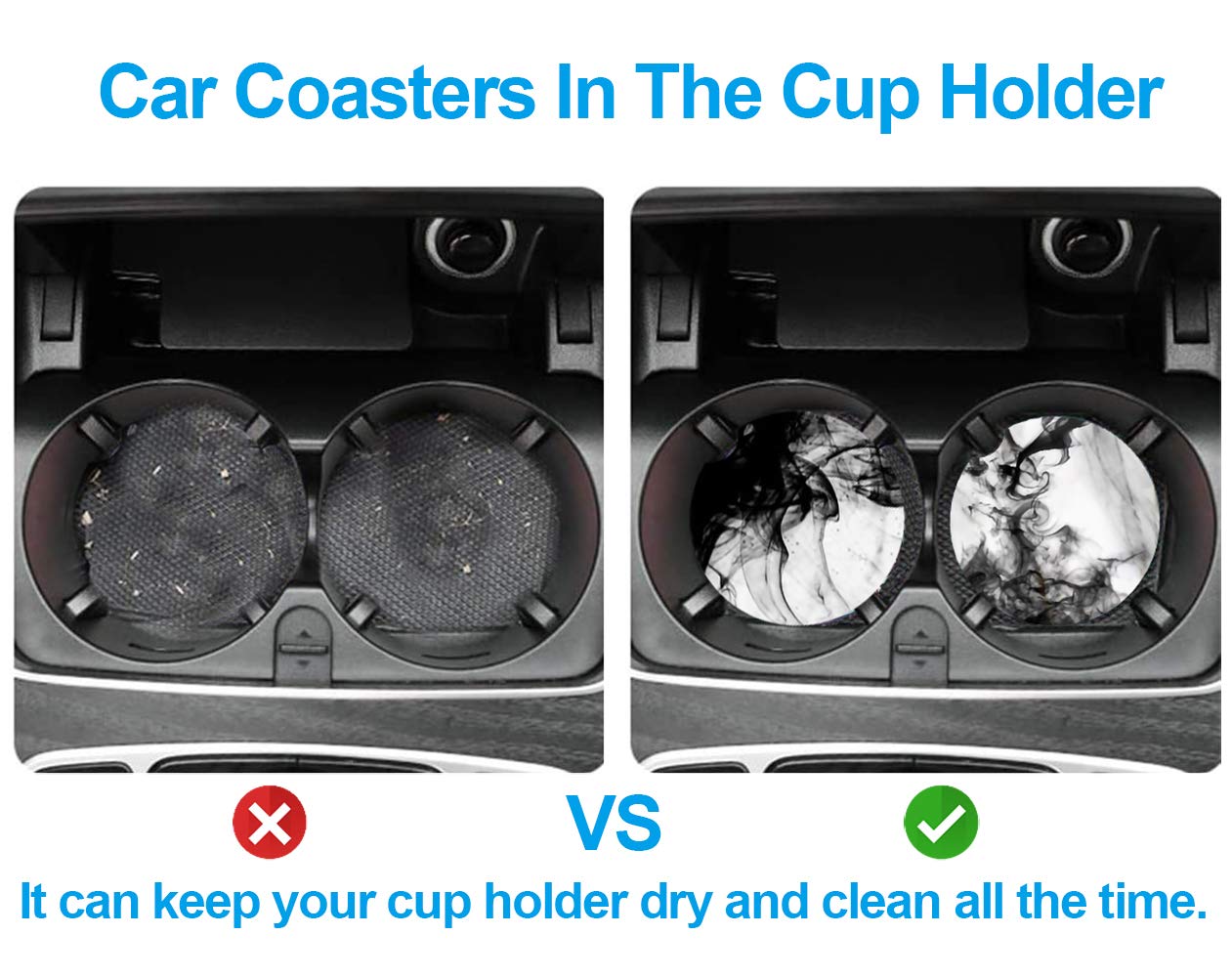 Kuichu 4-Pack Car Cup Coasters for Drink Holders - 2.56 Inch Absorbent Ceramic Auto Coasters with Finger Notch for Easy Removal | Keep Your Cup Holder Dry & Clean | Perfect for Road Trips, Commuting & Daily Driving
