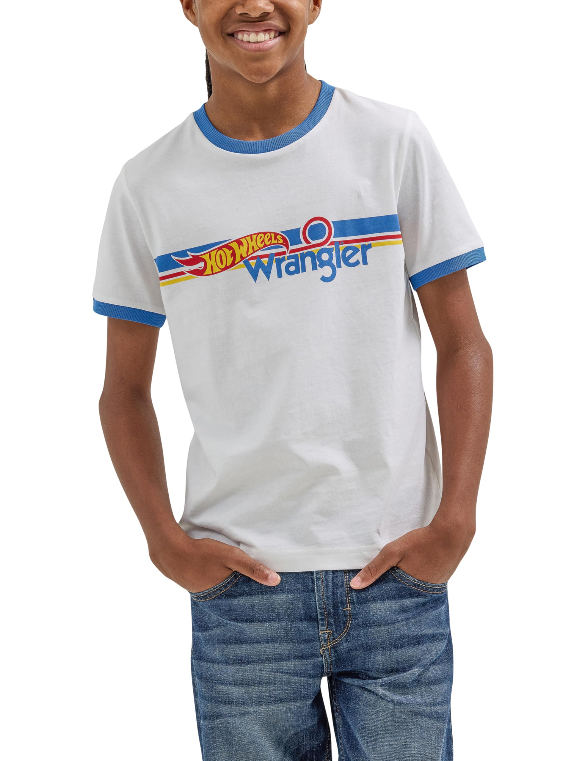 Wrangler Boys' X Hot Wheels Youth Ringer Tee - Cool Graphic T-Shirt for Kids & Teens - Perfect for Playdates, Birthday Parties & Casual Outfits