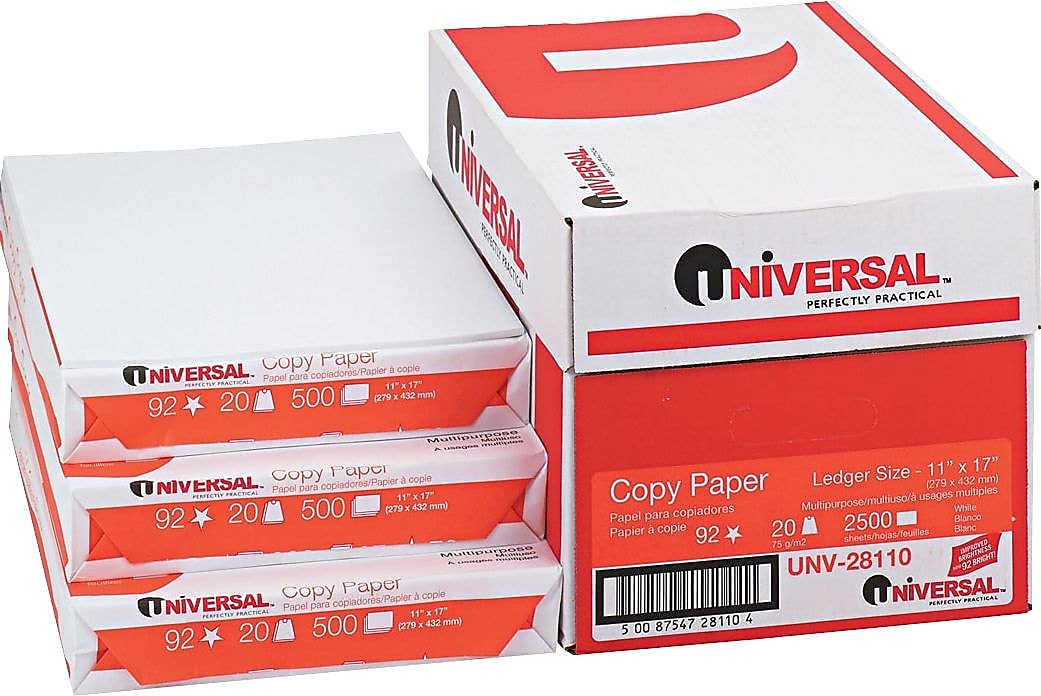 Universal UNV28110 11x17 Inch 92 Bright 20 lb Bond Copy Paper - White (5 Reams/Carton) for Office Printing, School Projects, and Professional Documents