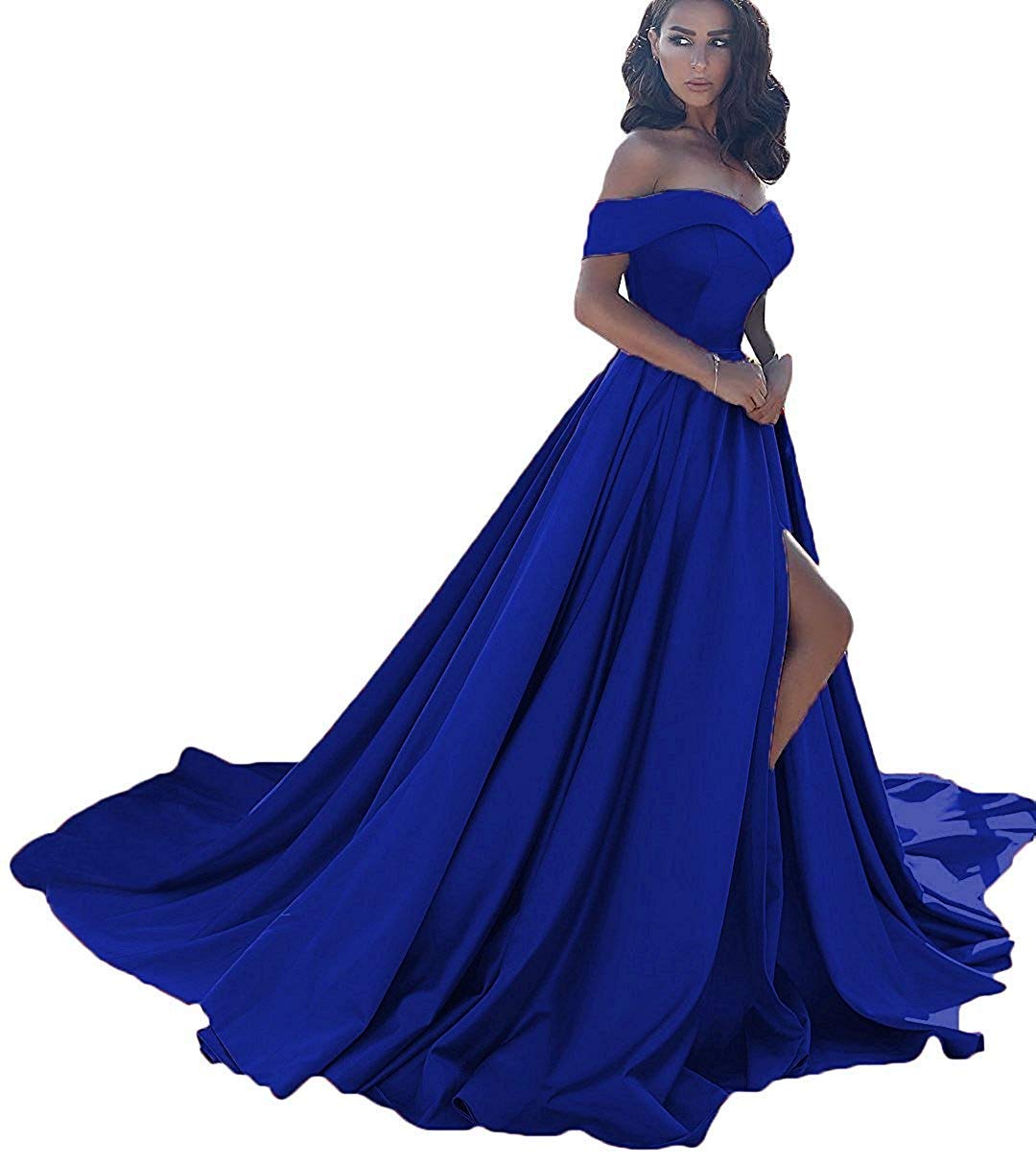 Elegant Women's Off Shoulder Prom Evening Dress - Split A-Line Satin Formal Gown for Homecoming, Wedding & Special Occasions