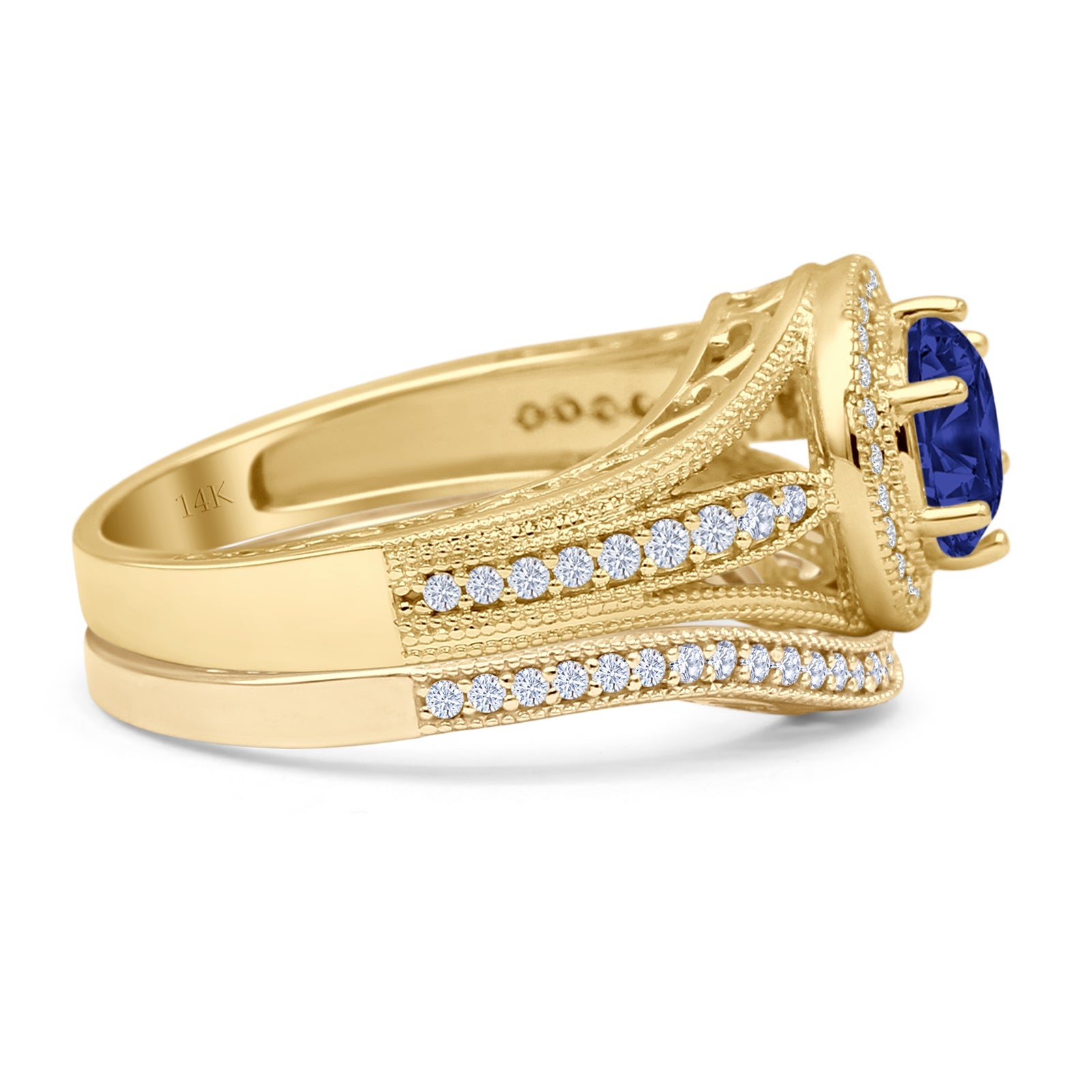 14K Yellow Gold Two Piece Round Halo Split Shank Curved Contour Band Blue Sapphire CZ Ring for Women - Elegant Wedding, Engagement & Anniversary Jewelry Gift - Perfect for Bridal, Evening Wear & Special Occasions
