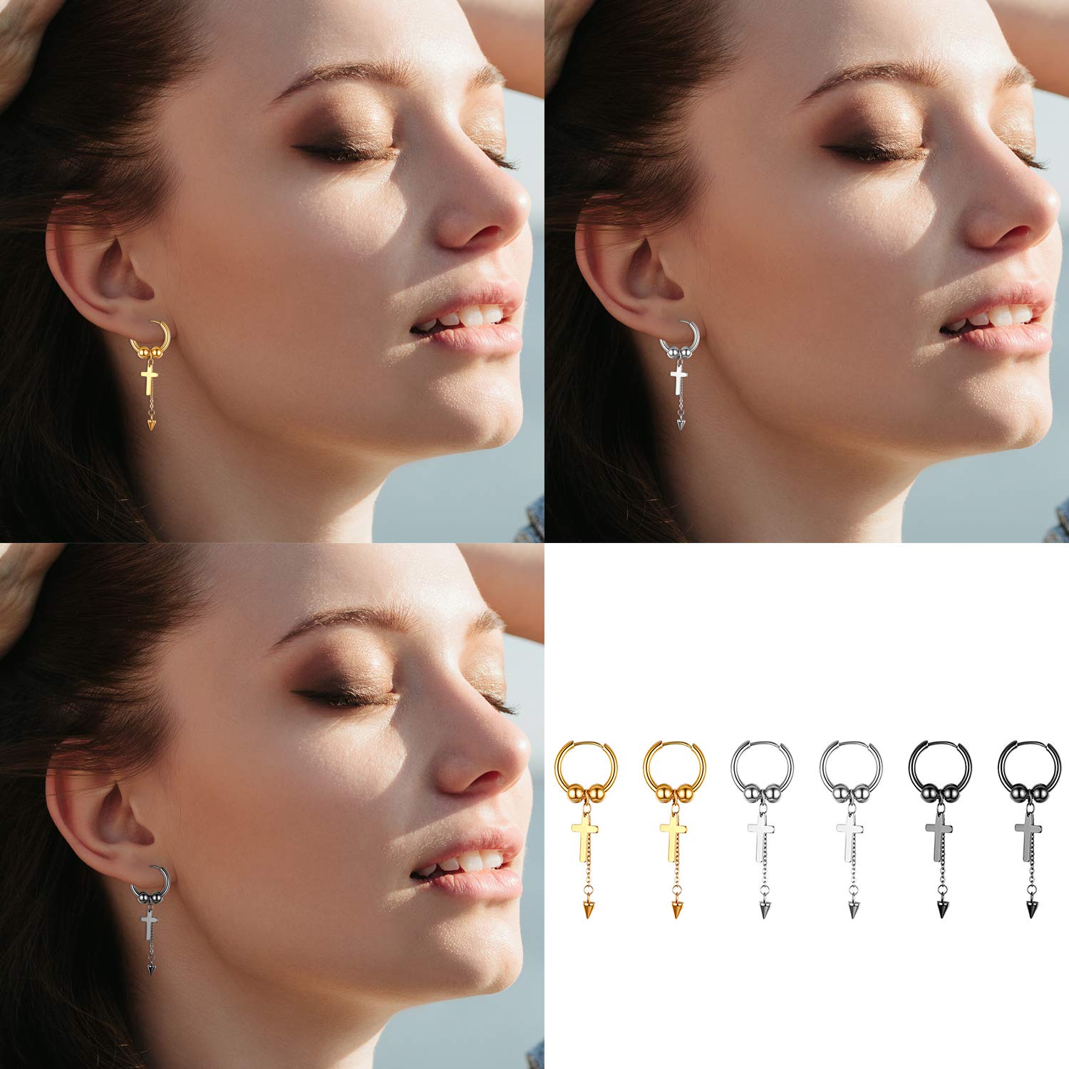 Cupimatch 3 Pairs Cross Dangle Hoop Earrings Set for Men & Women - Punk Cone Tassel Stainless Steel Huggie Hoop Earrings for Pierced Ears | Gothic Jewelry for Parties, Concerts & Everyday Wear