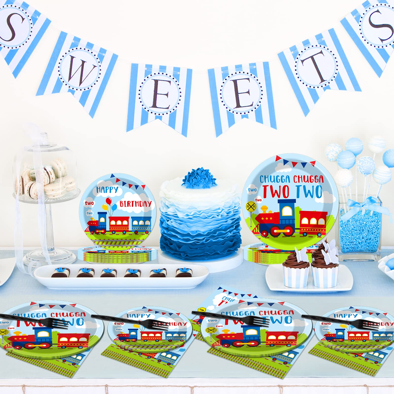 100 PCS Chugga Chugga Two Two Train-Themed Party Supplies Set - Disposable Paper Plates, Napkins & Forks for 2nd Birthday Decorations (Serves 25) | Perfect for Kids Transportation Theme Parties & Baby Shower Tableware