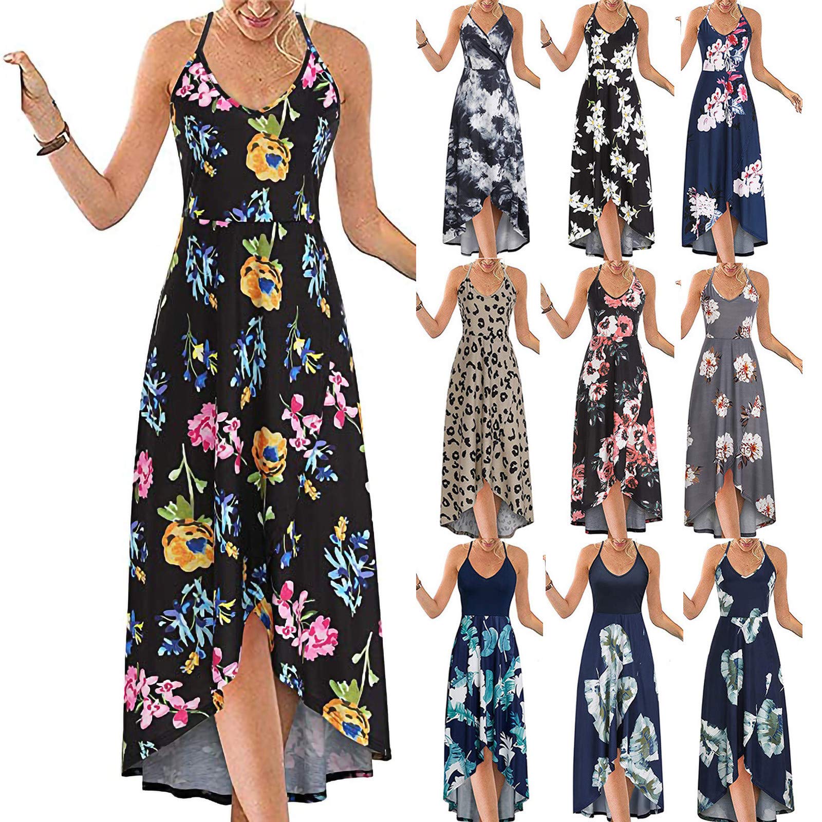 Women's Summer Floral Maxi Dress - V Neck Sleeveless Open Back Long Sundress with Asymmetric Hem | Perfect for Beach Vacations, Date Nights & Outdoor Parties