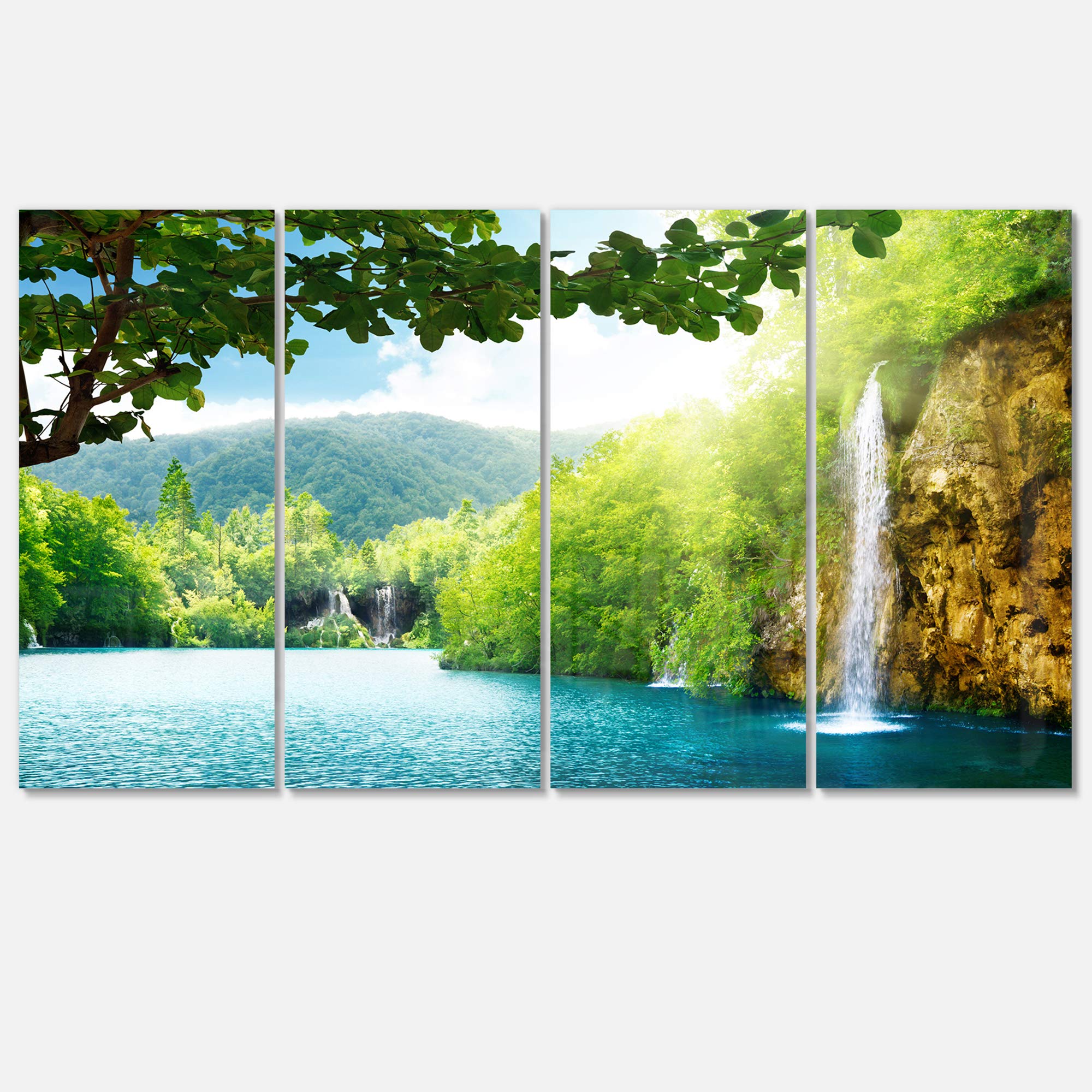 Waterfall in Deep Forest Landscape Photography Metal Wall Art - 4 Panels 48x28 Inches - Nature Themed Home Decor for Living Room, Bedroom & Office - MT6940