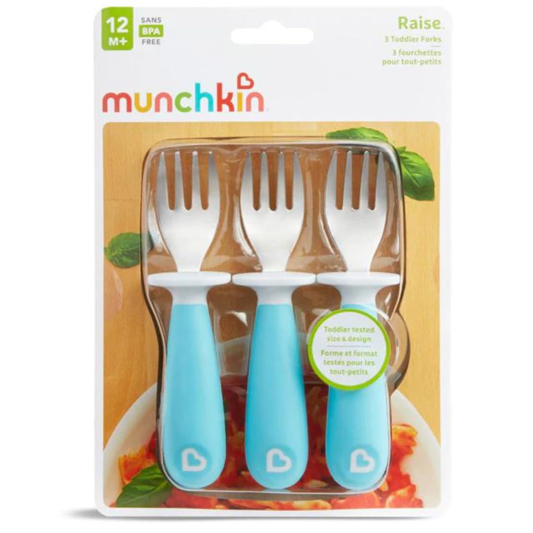 Munchkin Raise Stainless Steel Toddler Forks Set - 3 Pack, BPA-Free Plastic Handles, Adorable Pink & Blue Utensils for Kids | Perfect for First Self-Feeding, Daycare, Travel & Restaurant Meals | Toddler-Friendly Design for Ages 12+ Months