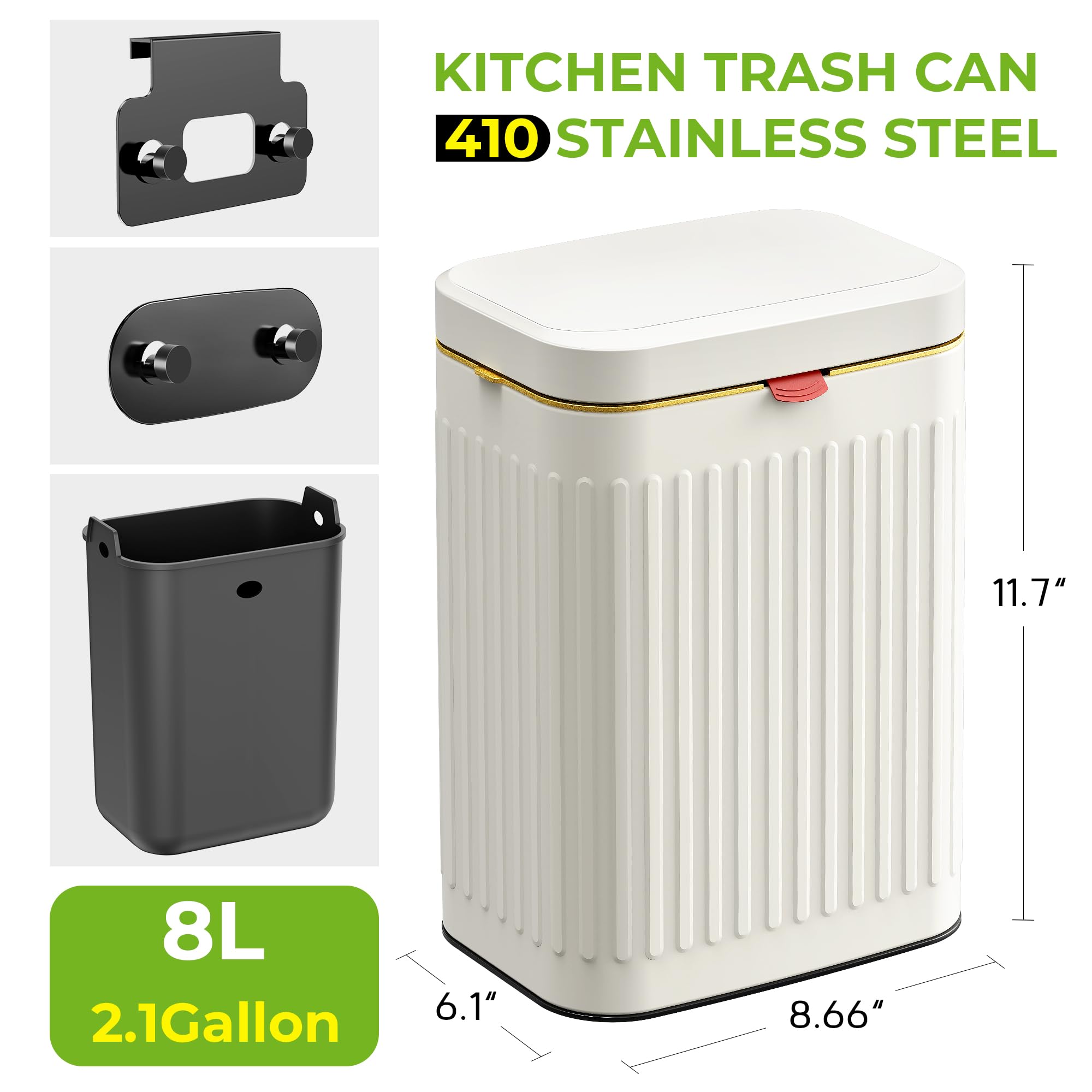 Stainless Steel Hanging Compost Bin with Lid - 2.1 Gallon (8L) Kitchen Trash Can for Indoor Use - Wall Mount Under Sink, Cabinet or Bathroom - Ivory White - Perfect for Organic Waste Recycling & Small Space Organization