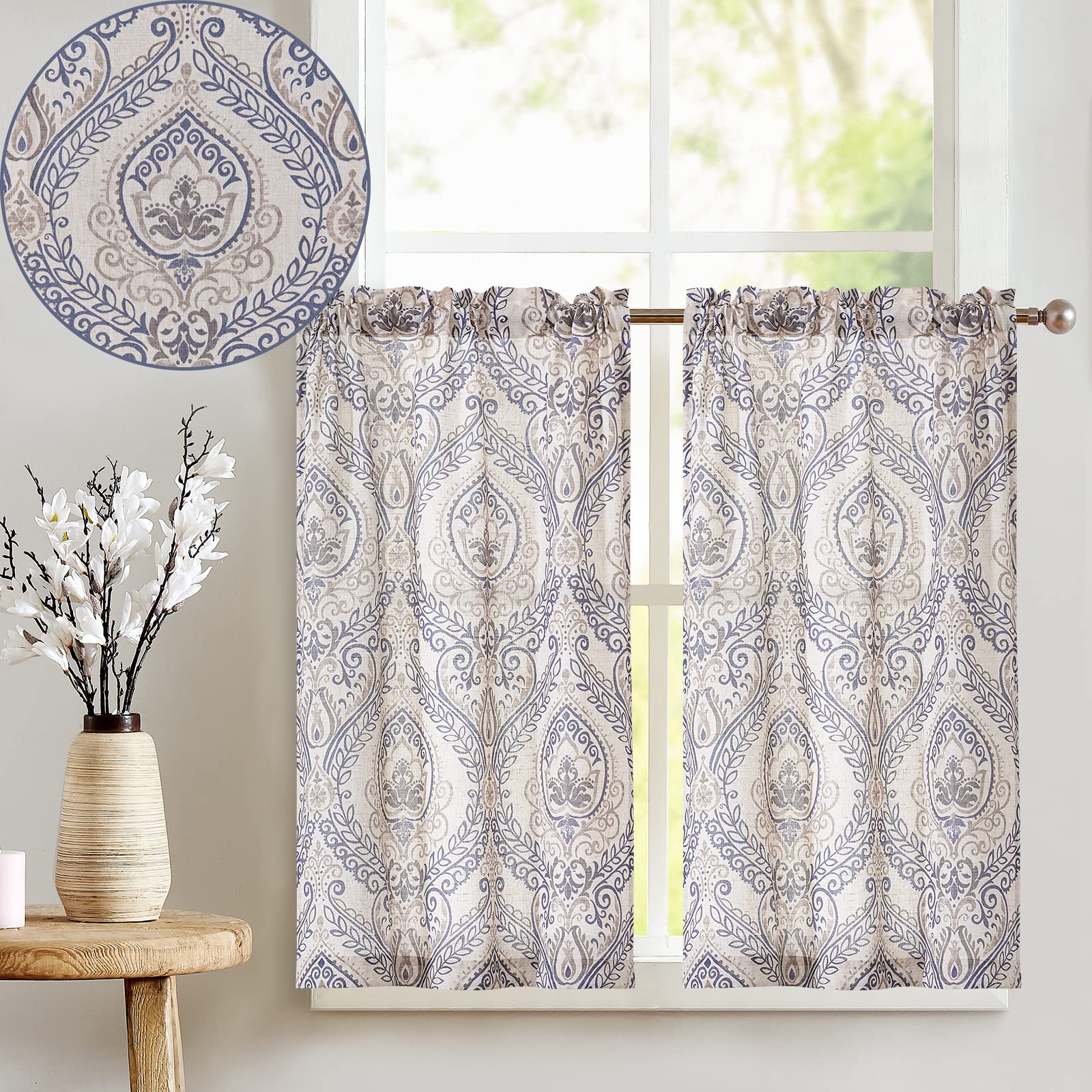 Jinchan Linen Blend Kitchen Curtains - Damask Medallion Design, Flax Textured Retro Window Panels (24