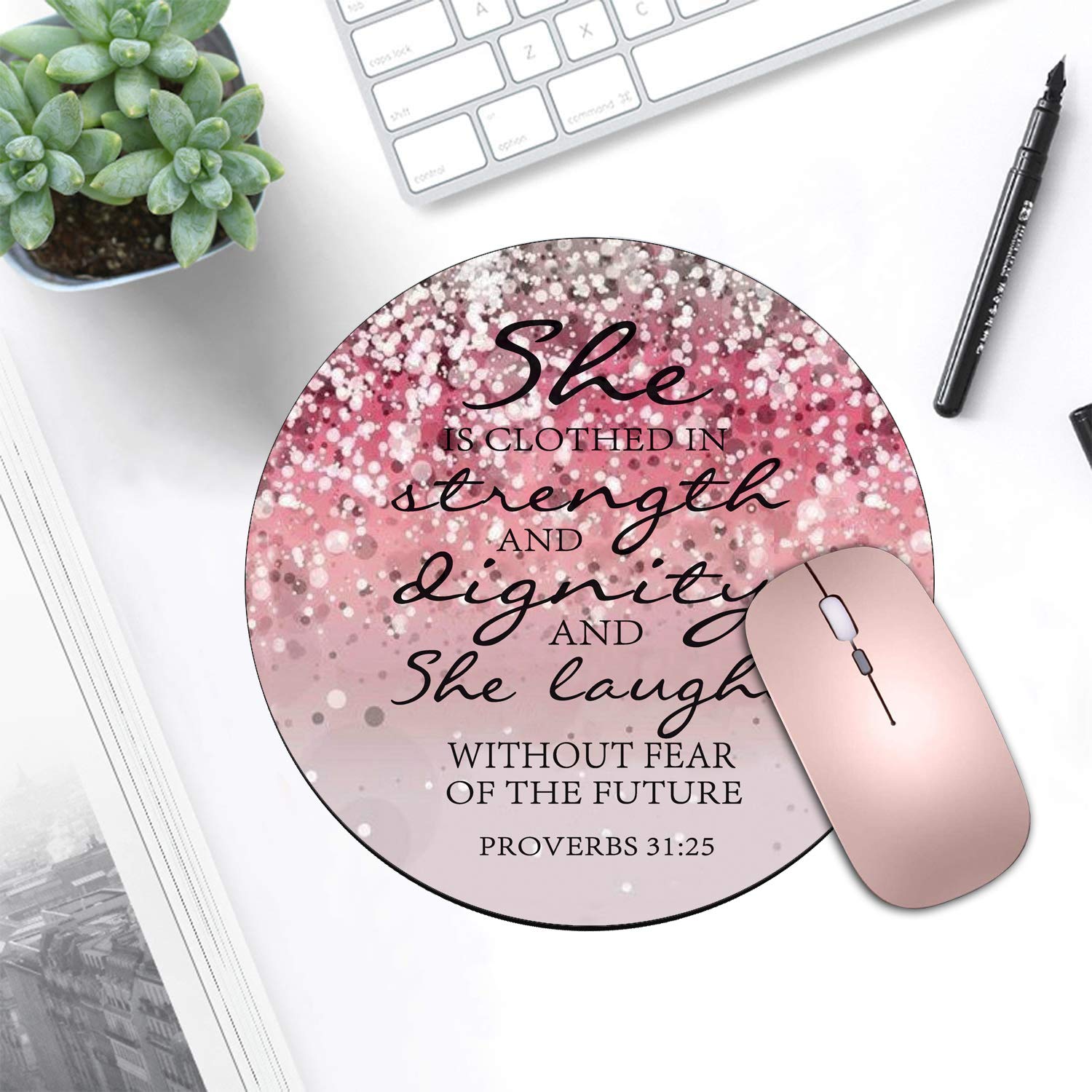 Pink Glitter Christian Bible Verse Proverbs 31:25 Mouse Pad & Coasters Set - Non-Slip Rubber Base for Laptop, Computer Desk - Perfect for Office, Home, Bible Study & Gift Giving